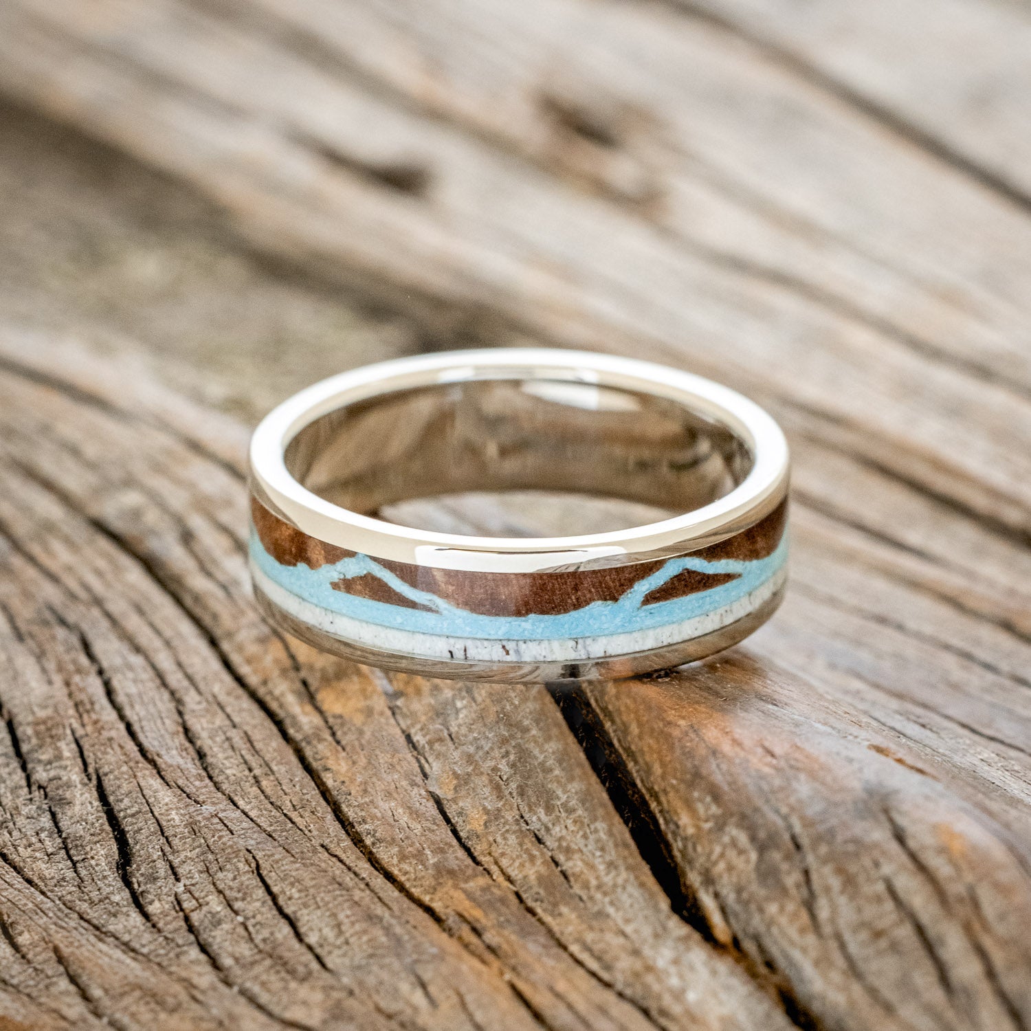 "THE EXPEDITION" - MOUNTAIN ENGRAVED WEDDING RING WITH REDWOOD, TURQUOISE & ANTLER-9