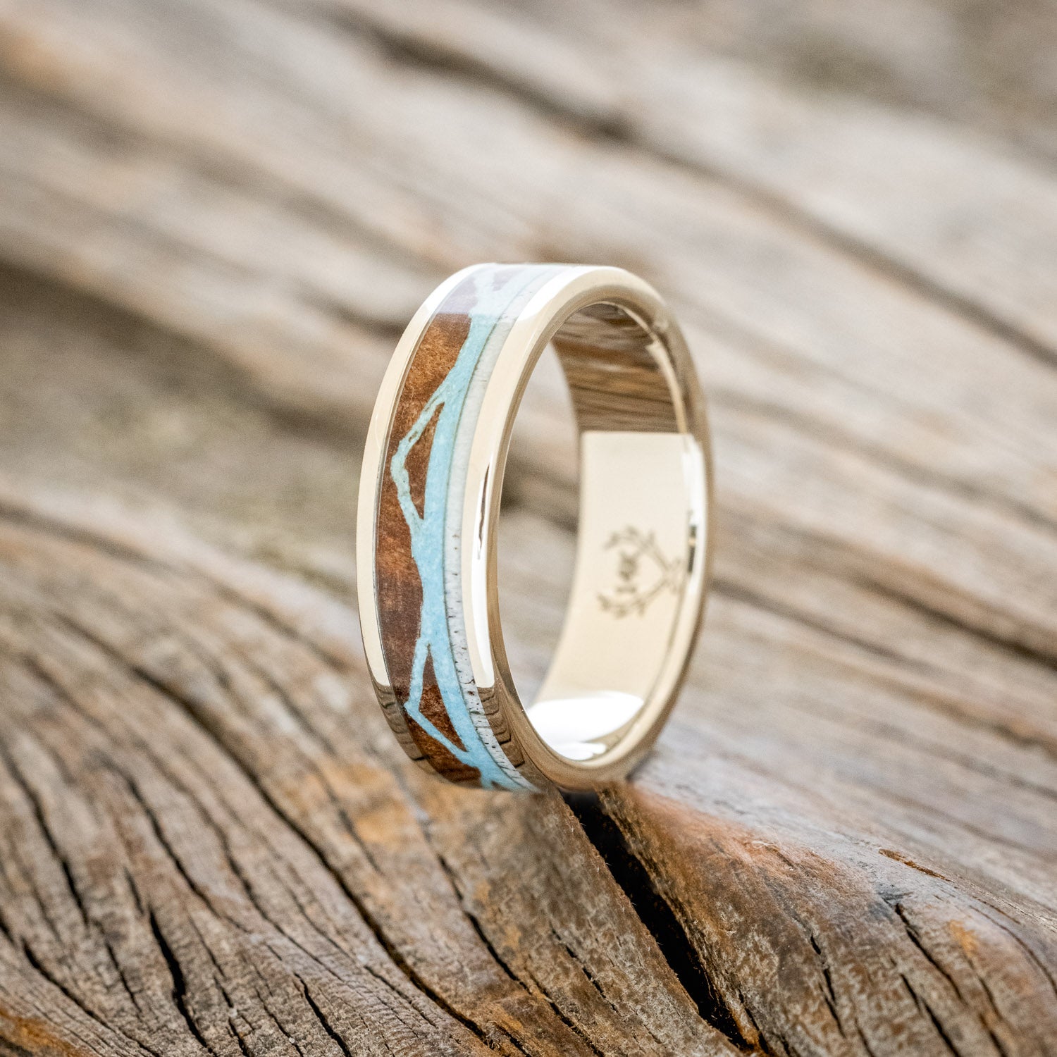 "THE EXPEDITION" - MOUNTAIN ENGRAVED WEDDING RING WITH REDWOOD, TURQUOISE & ANTLER-7