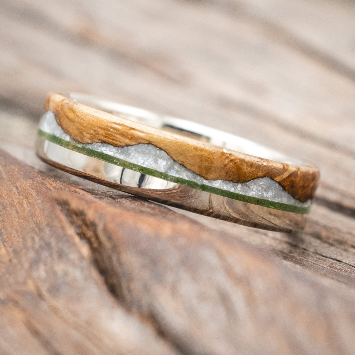 "Ezra" - Whiskey Barrel Oak With Diamond Dust & Moss Inlay Wedding Ring-Staghead Designs