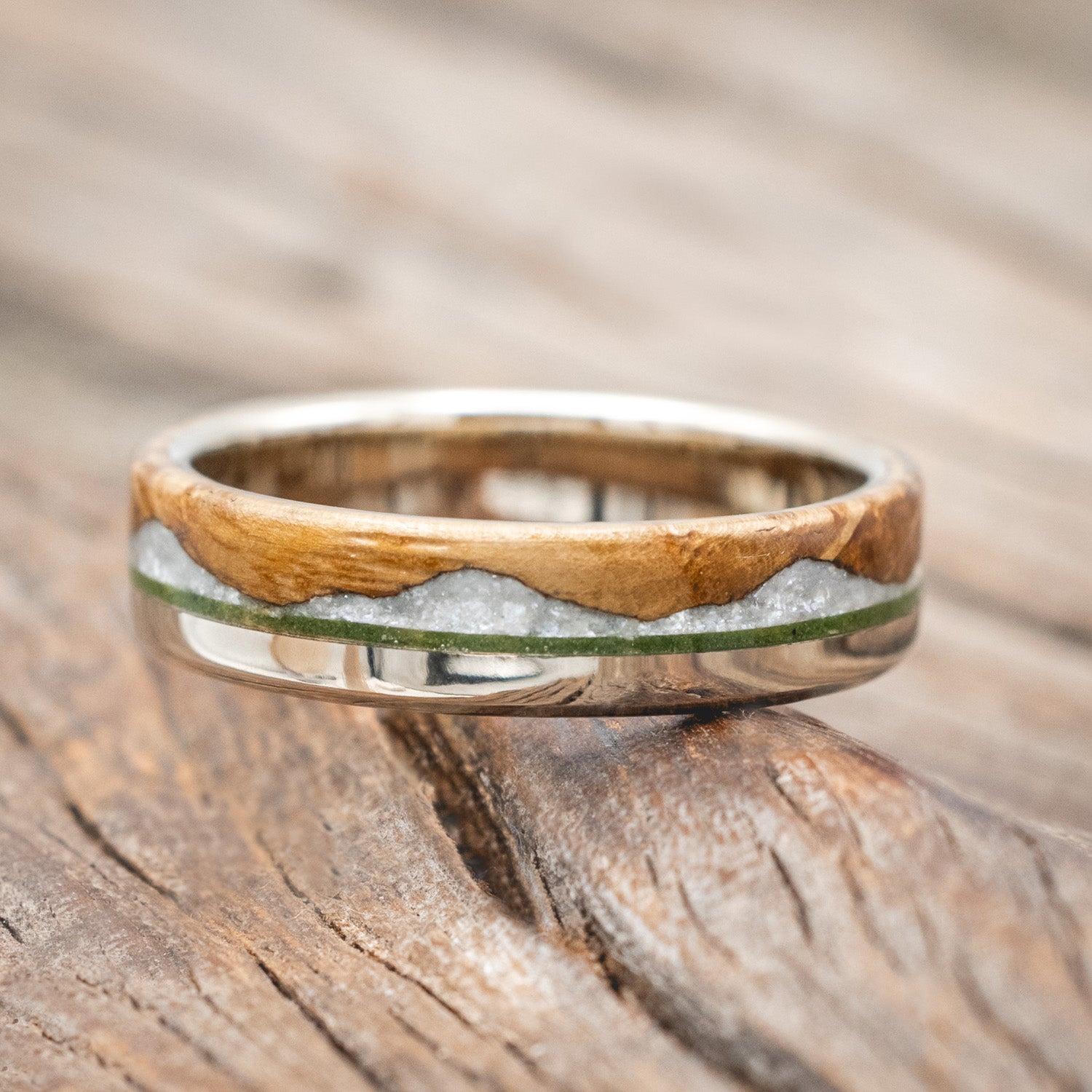 "EZRA" - WHISKEY BARREL OAK WITH DIAMOND DUST & MOSS INLAY WEDDING RING-Staghead Designs