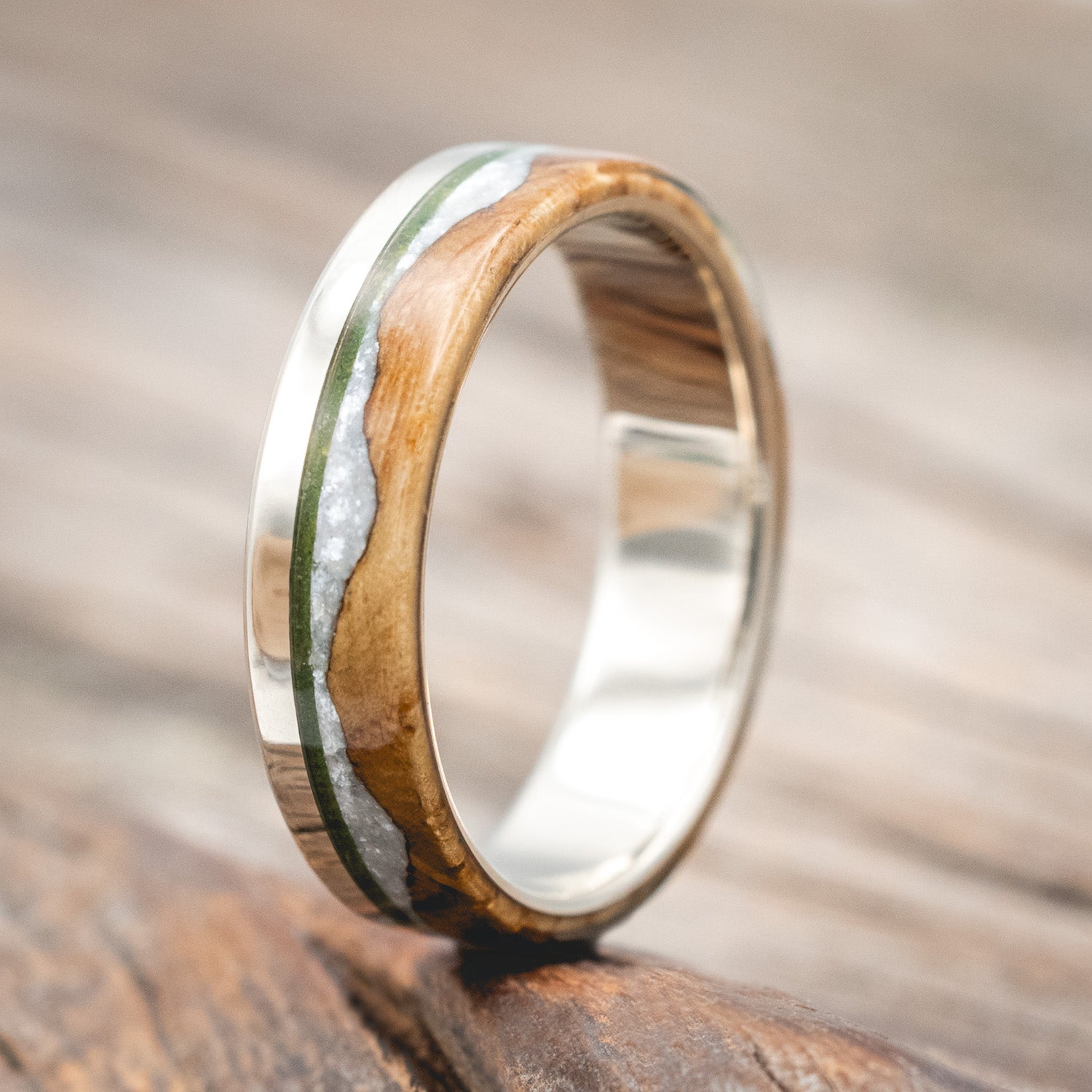 "EZRA" - WHISKEY BARREL OAK WITH DIAMOND DUST & MOSS INLAY WEDDING RING-Staghead Designs