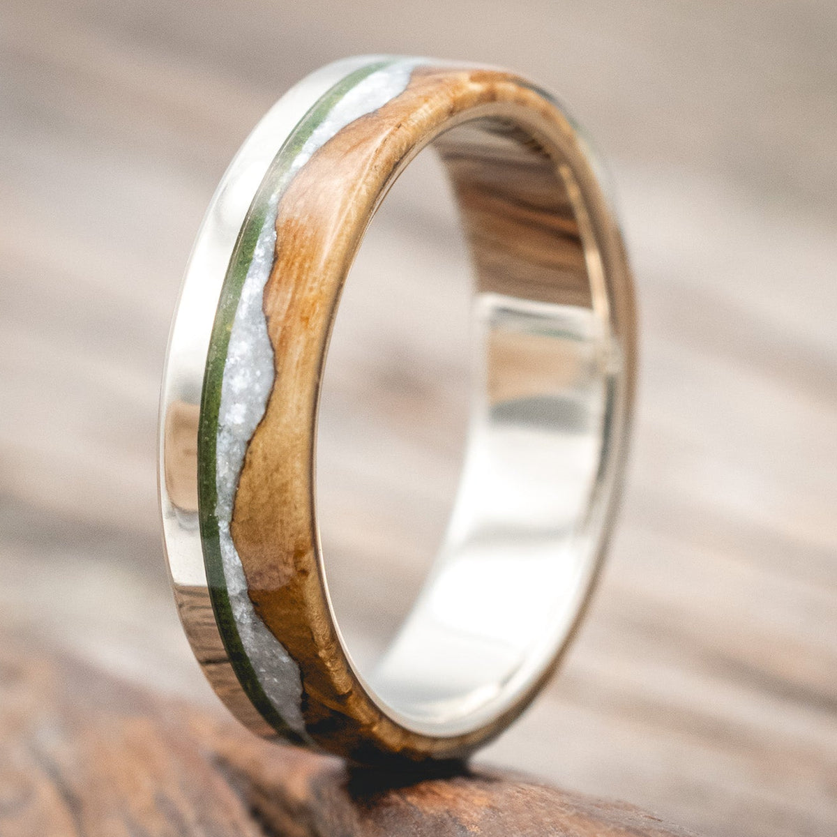 "Ezra" - Whiskey Barrel Oak With Diamond Dust & Moss Inlay Wedding Ring-Staghead Designs