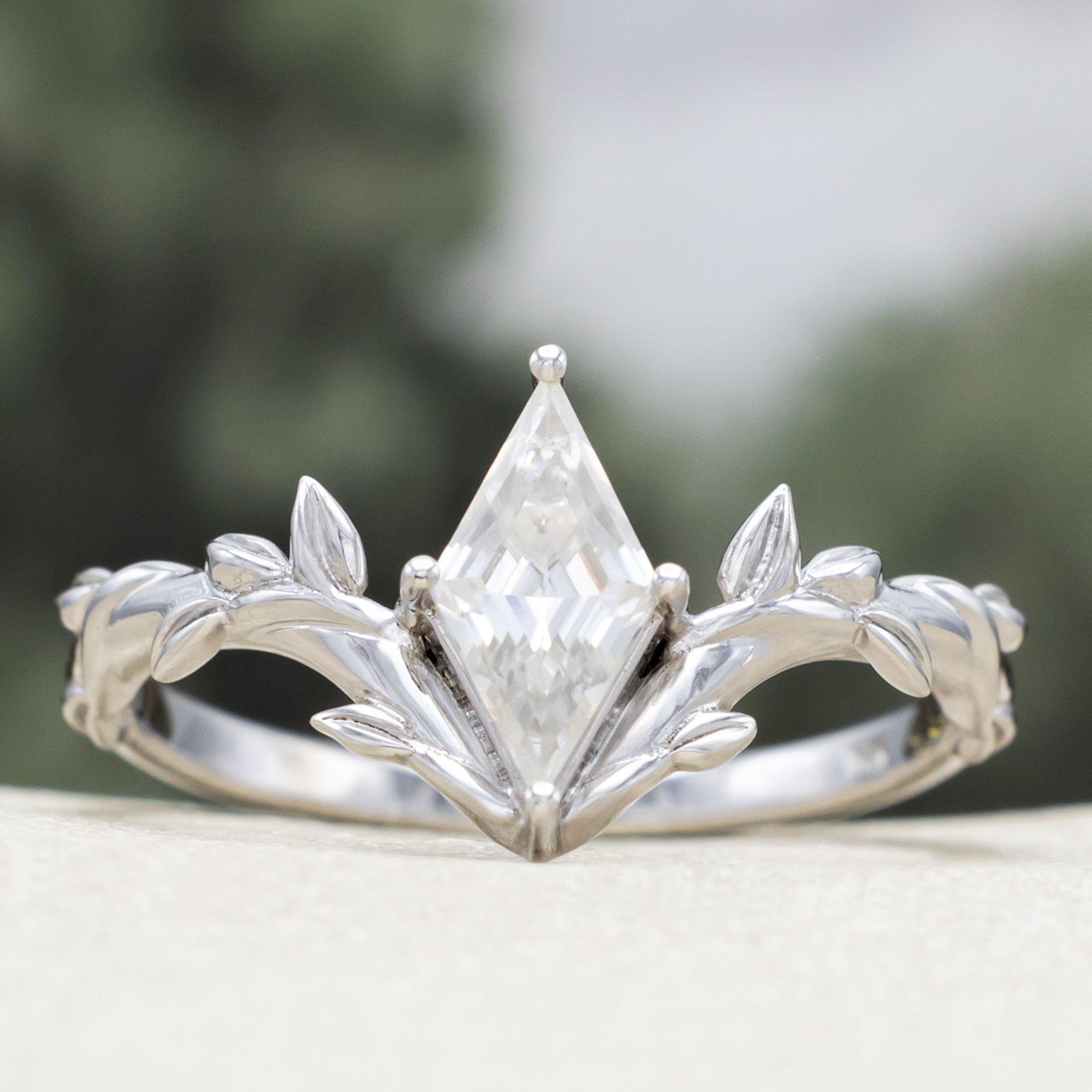 "FAE" - SOLITAIRE-STYLE LOZENGE CUT MOISSANITE ON A BRANCH-INSPIRED BAND-Staghead Designs