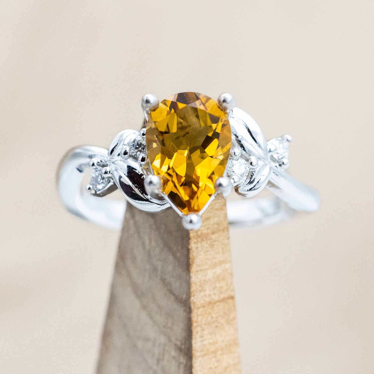 "GLADYS" - PEAR CUT CITRINE ENGAGEMENT RING WITH DIAMOND ACCENTS-Staghead Designs