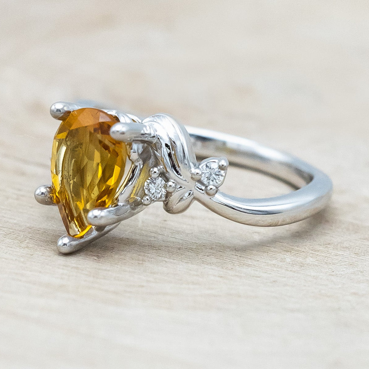 "GLADYS" - PEAR CUT CITRINE ENGAGEMENT RING WITH DIAMOND ACCENTS-Staghead Designs