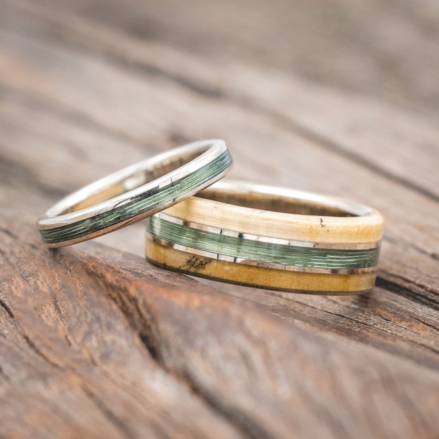 "GLEN" - MATCHING SET OF FISHING LINE & BUCKEYE BURL WOOD WEDDING BANDS-Staghead Designs