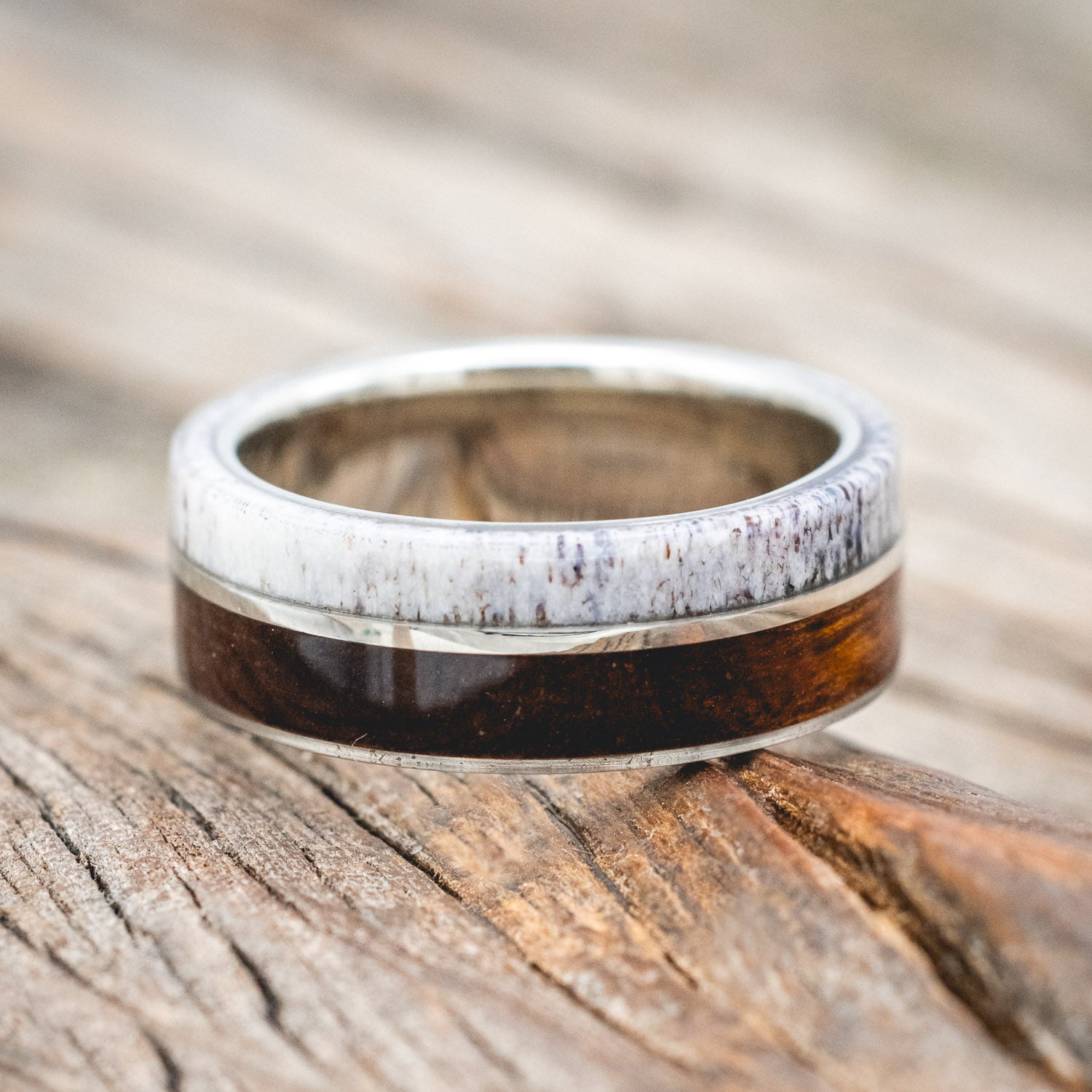 "GOLDEN" - IRONWOOD, ANTLER & 14K WHITE GOLD INLAY WEDDING BAND-Staghead Designs