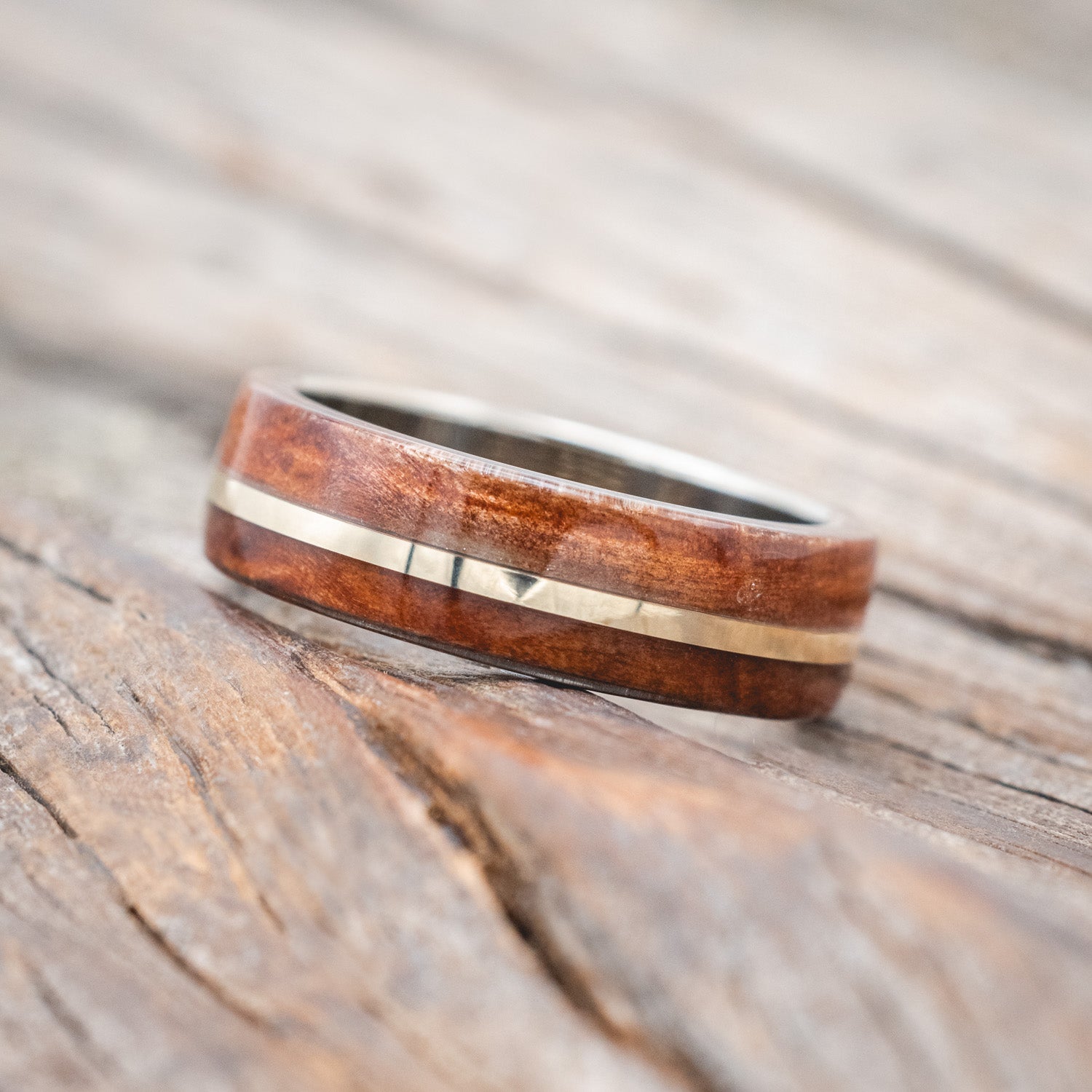 "GOLDEN" - REDWOOD & 14K GOLD INLAY WEDDING BAND-Staghead Designs