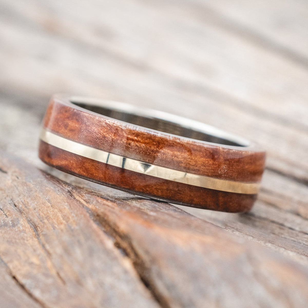 "GOLDEN" - REDWOOD & 14K GOLD INLAY WEDDING BAND-Staghead Designs