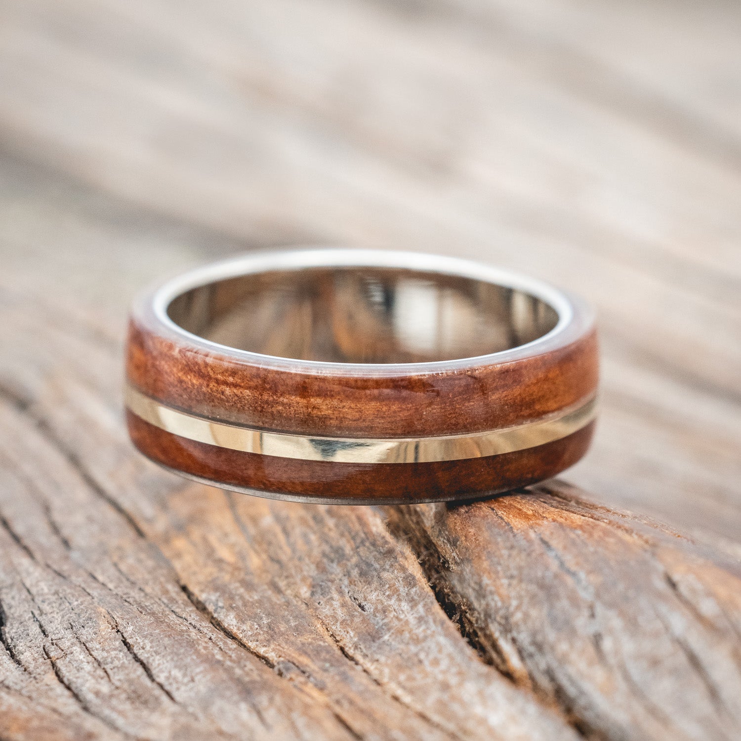 "GOLDEN" - REDWOOD & 14K GOLD INLAY WEDDING BAND-Staghead Designs