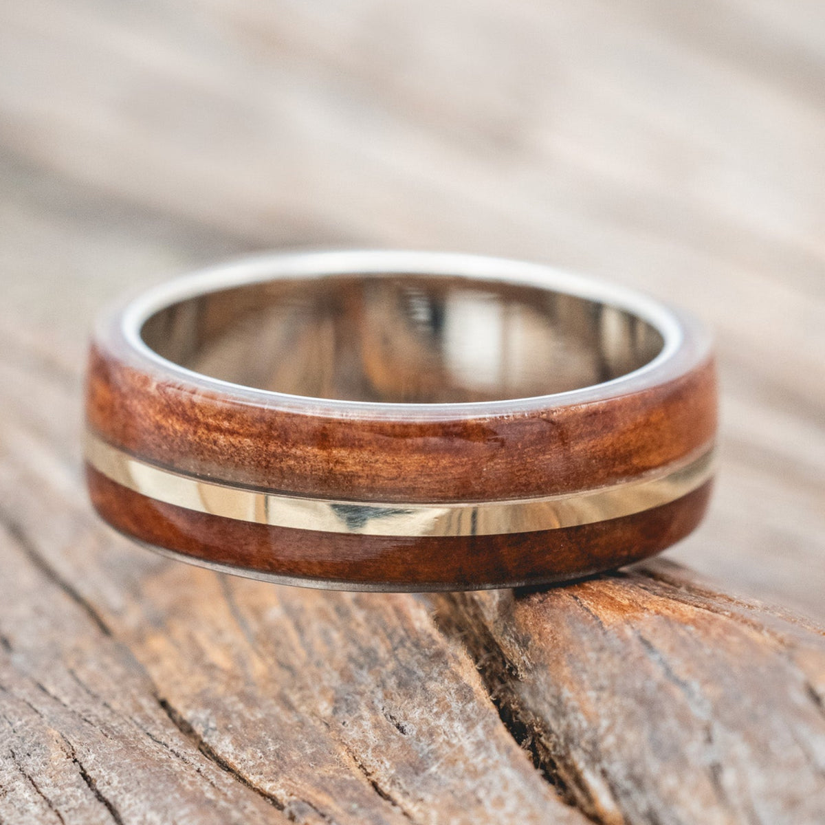"GOLDEN" - REDWOOD & 14K GOLD INLAY WEDDING BAND-Staghead Designs