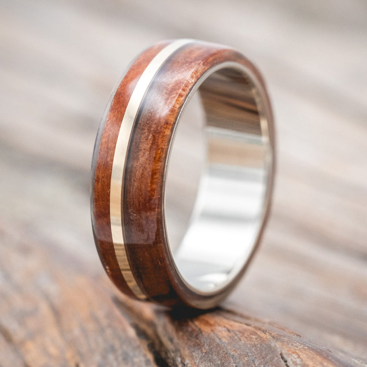 "GOLDEN" - REDWOOD & 14K GOLD INLAY WEDDING BAND-Staghead Designs
