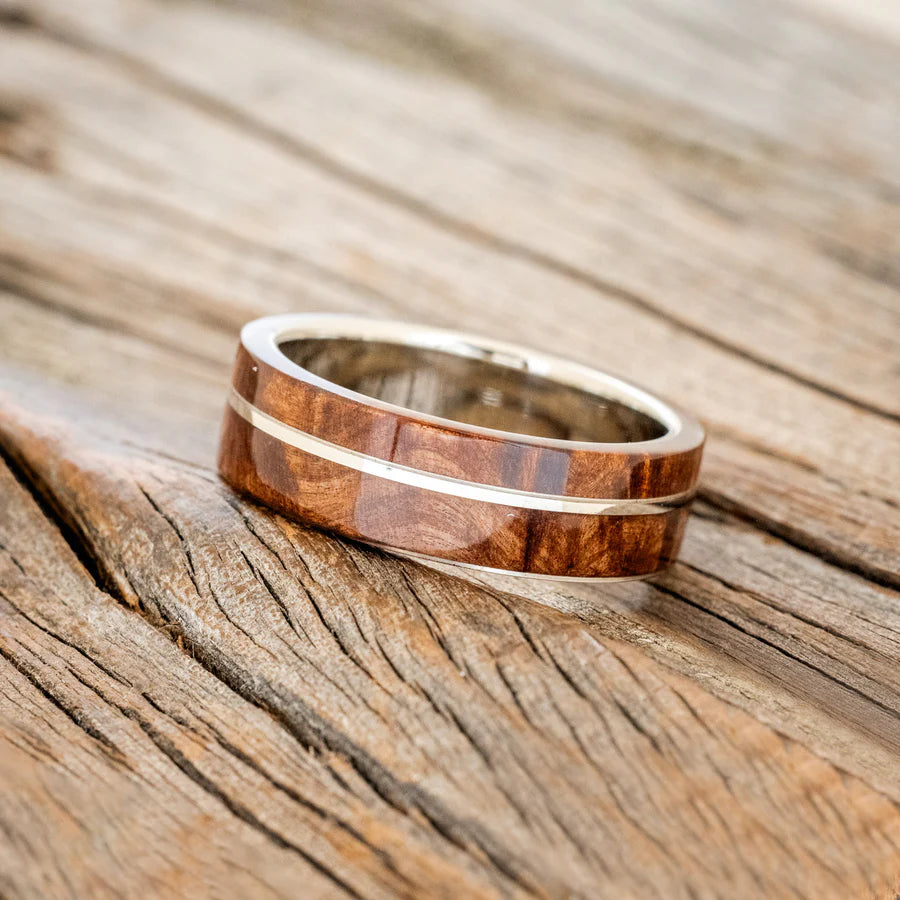 "GOLDEN" - REDWOOD & 14K WHITE GOLD INLAY WEDDING BAND - 14K WHITE GOLD - SIZE 9-Staghead Designs