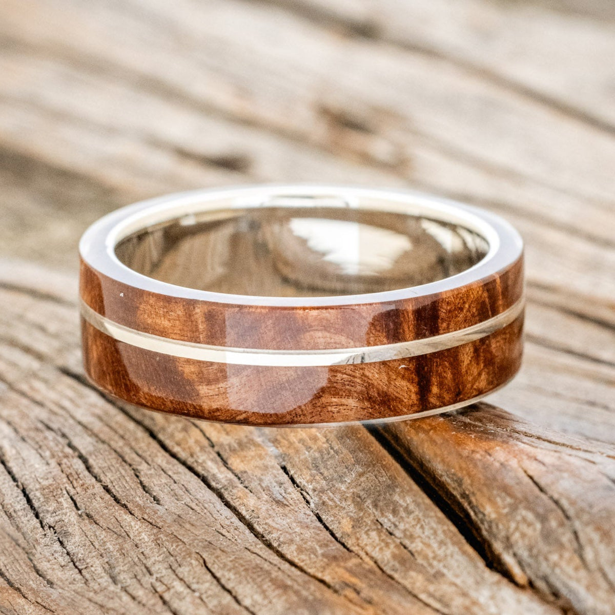 "GOLDEN" - REDWOOD & 14K GOLD INLAY WEDDING BAND-3