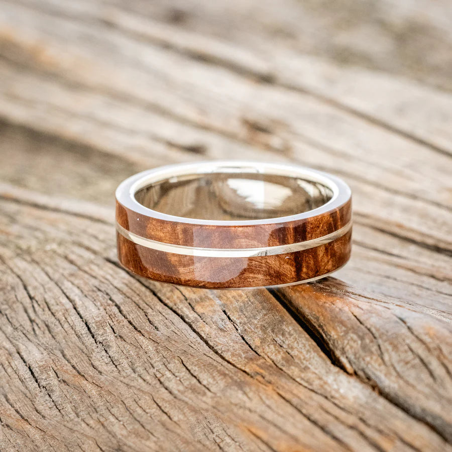 "GOLDEN" - REDWOOD & 14K WHITE GOLD INLAY WEDDING BAND - 14K WHITE GOLD - SIZE 9-Staghead Designs