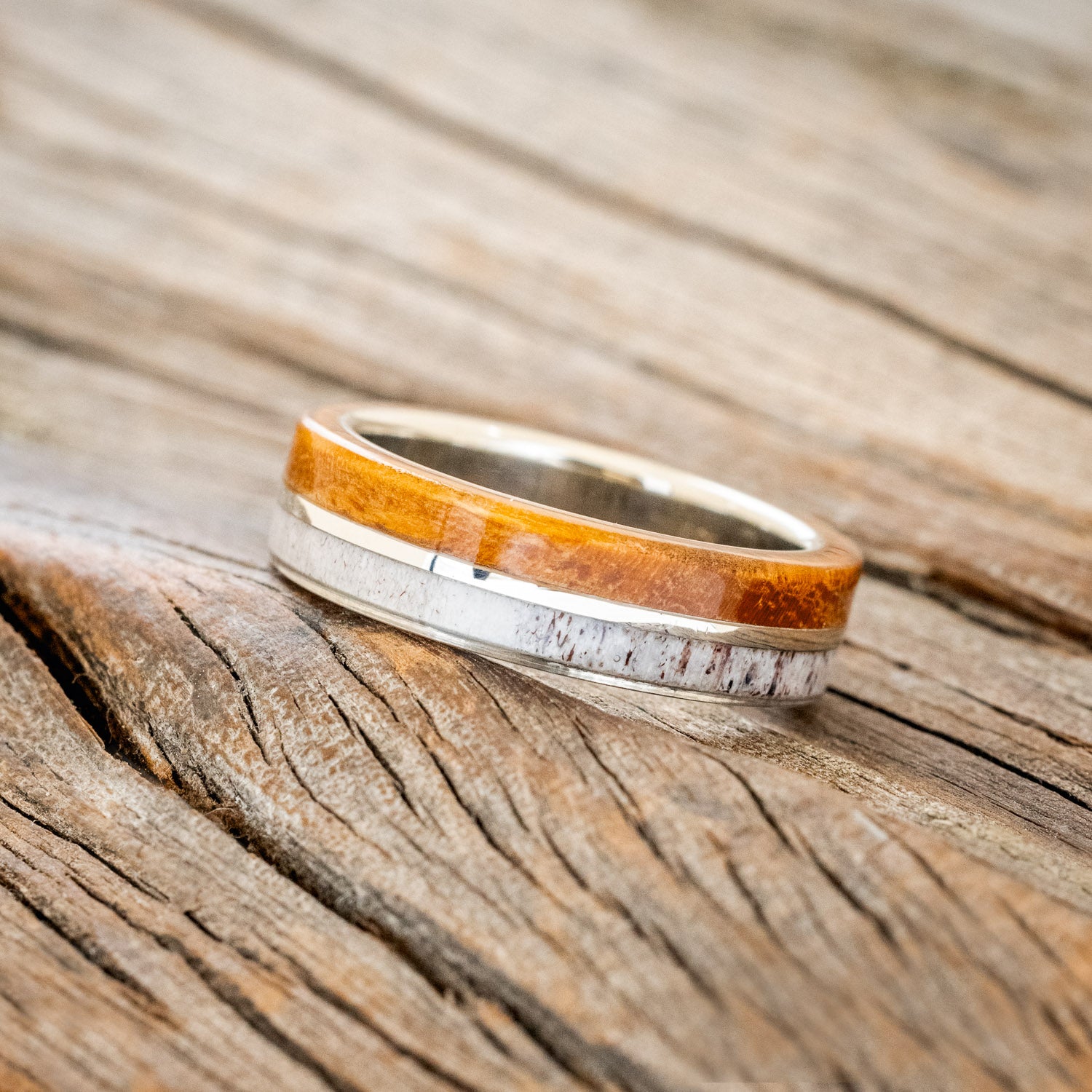 "GOLDEN" - IRONWOOD & ELK ANTLER WEDDING RING-12