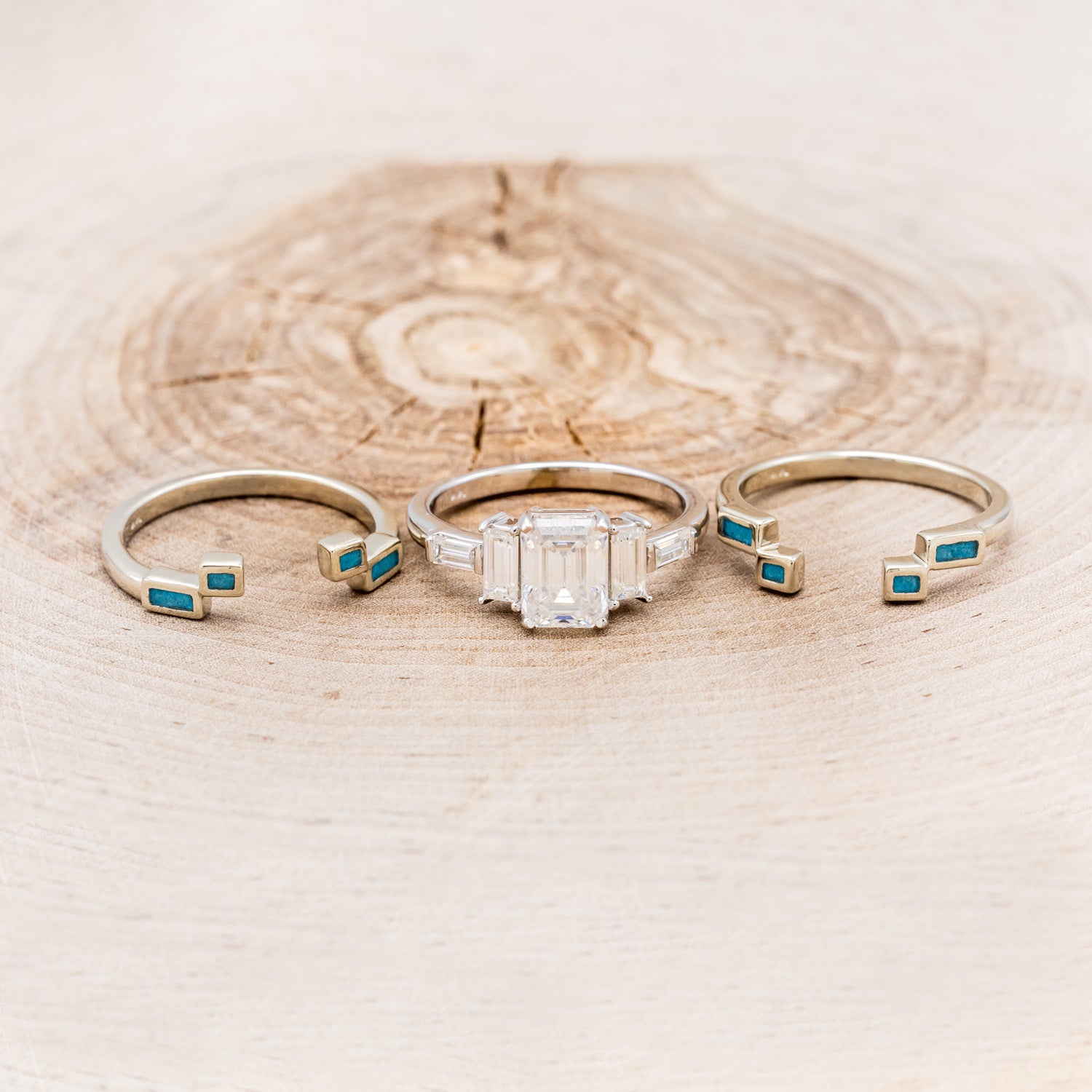 "GRETA" - BRIDAL SUITE - EMERALD CUT MOISSANITE ENGAGEMENT RING WITH TURQUOISE STACKING BANDS-6