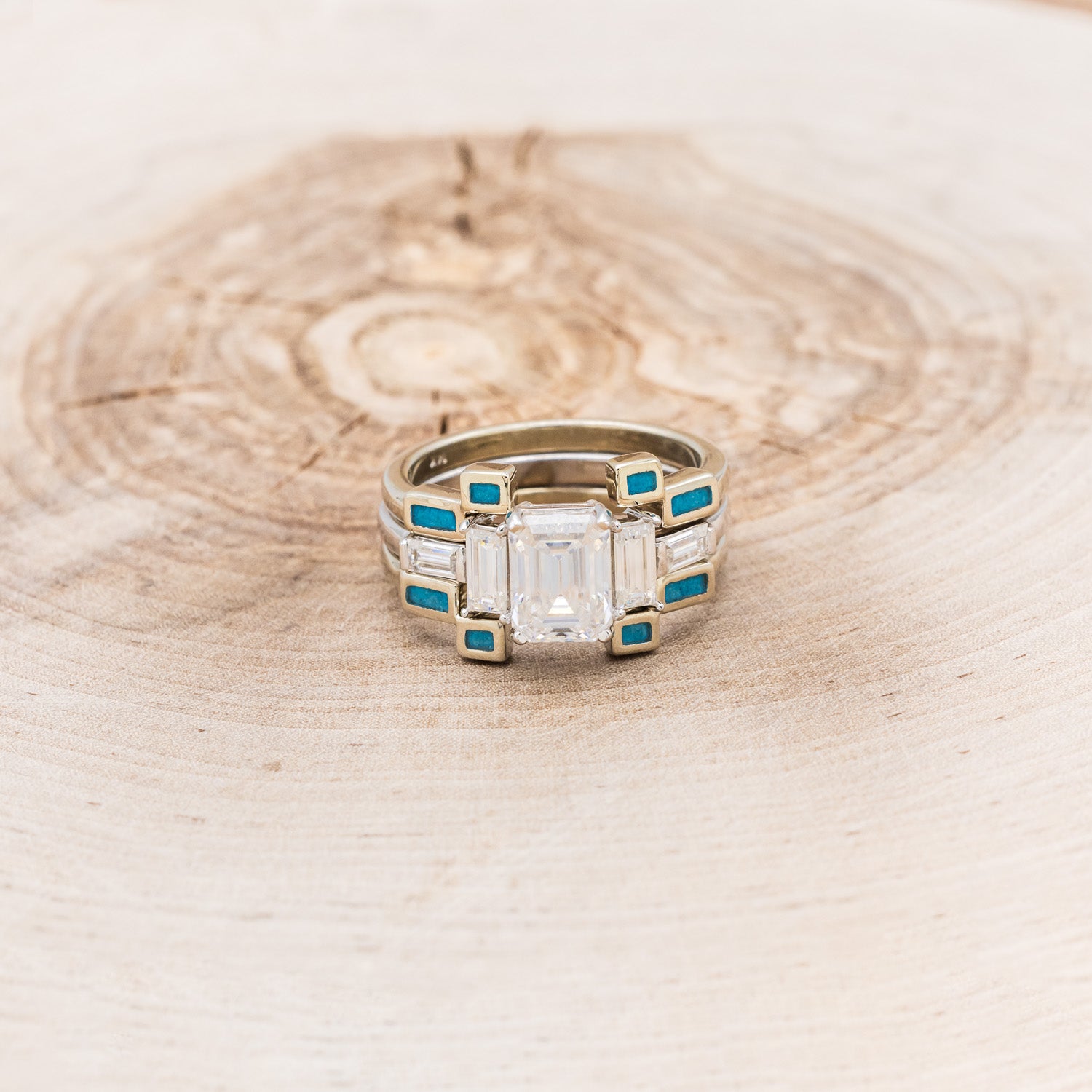 "GRETA" - BRIDAL SUITE - EMERALD CUT MOISSANITE ENGAGEMENT RING WITH TURQUOISE STACKING BANDS-4