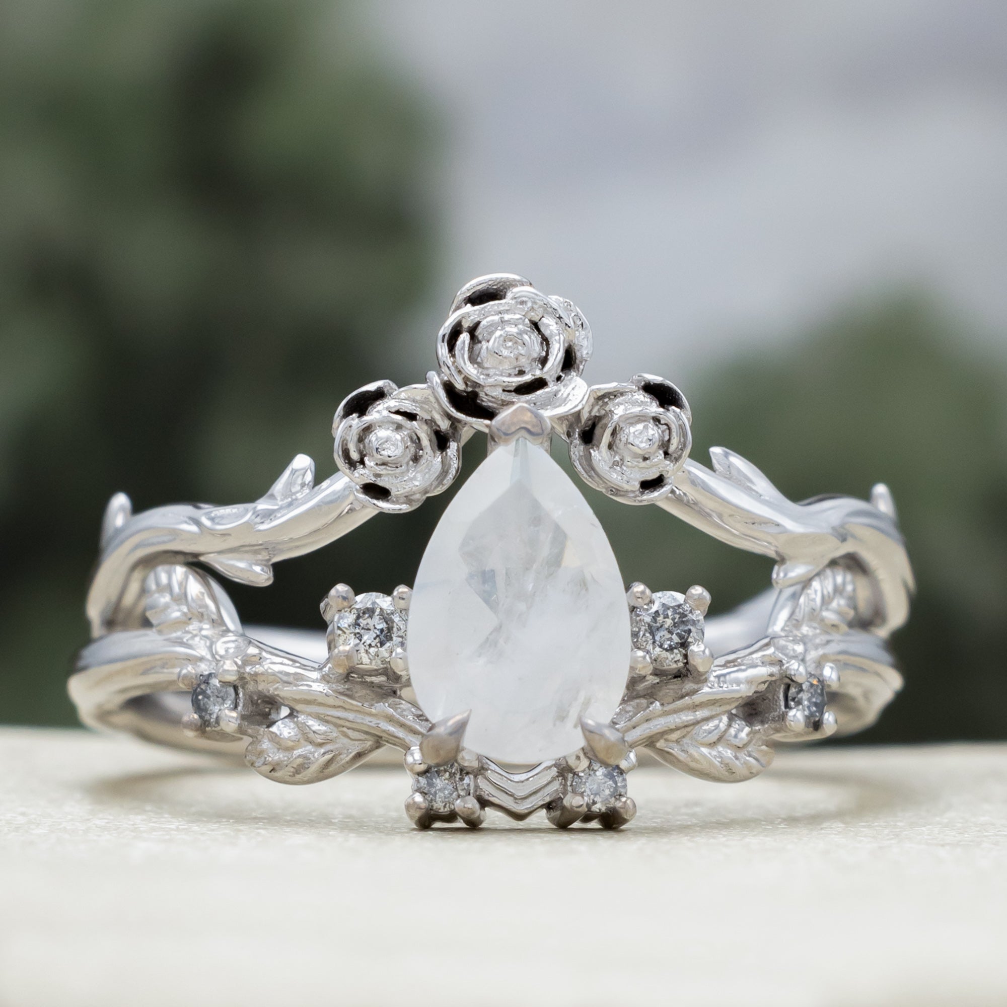 "Harlow" - Pear Cut Moonstone Women's Engagement Ring With Salt & Pepper Diamond Accents & Tracer-Staghead Designs