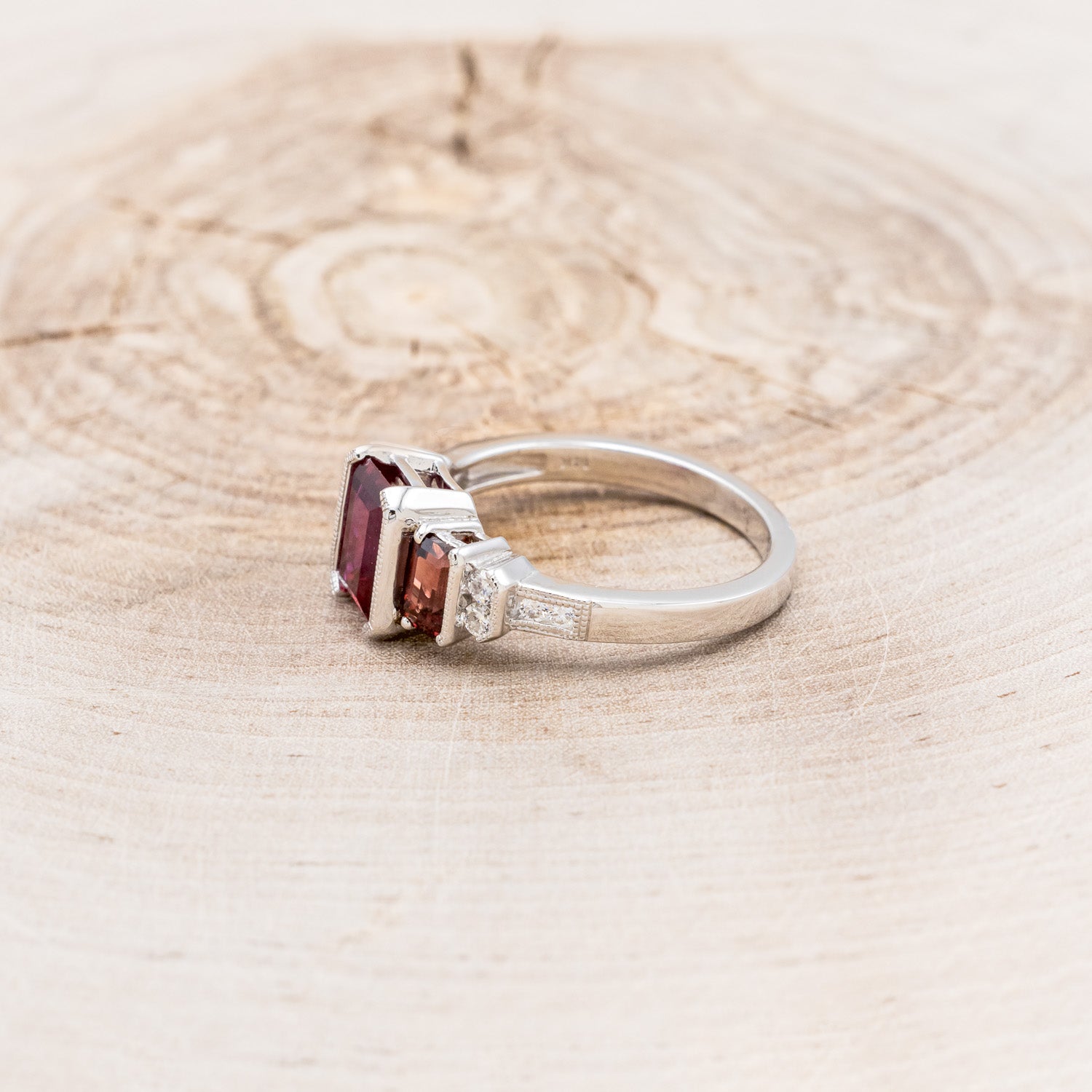 "HAZEL" - EMERALD CUT LAB-GROWN RUBY ENGAGEMENT RING WITH GARNET & DIAMOND ACCENTS-3