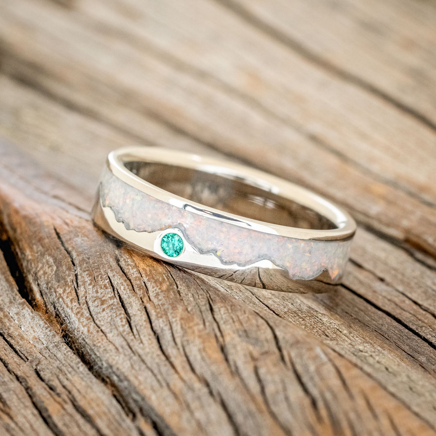 "HELIOS" - FIRE AND ICE OPAL WEDDING RING FEATURING A ROUND CUT GEMSTONE ACCENT AND A MOUNTAIN RANGE-Staghead Designs