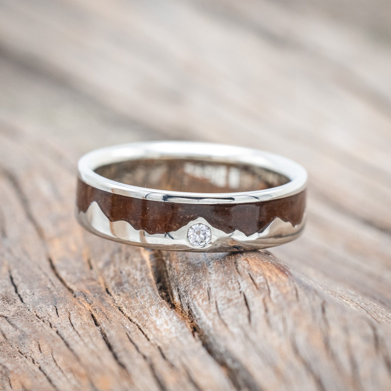 "HELIOS" - KOA WOOD & GOLD MOUNTAIN RANGE WEDDING RING FEATURING A MOISSANITE ACCENT-Staghead Designs