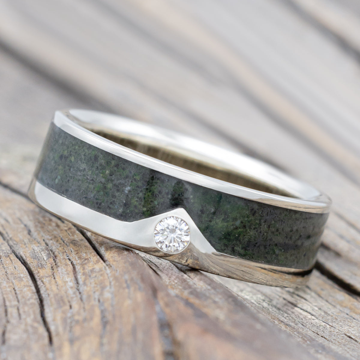 "Helios" - Crushed Moss Agate Wedding Ring With A Single Peak Mountain Range And Diamond Accent-Staghead Designs