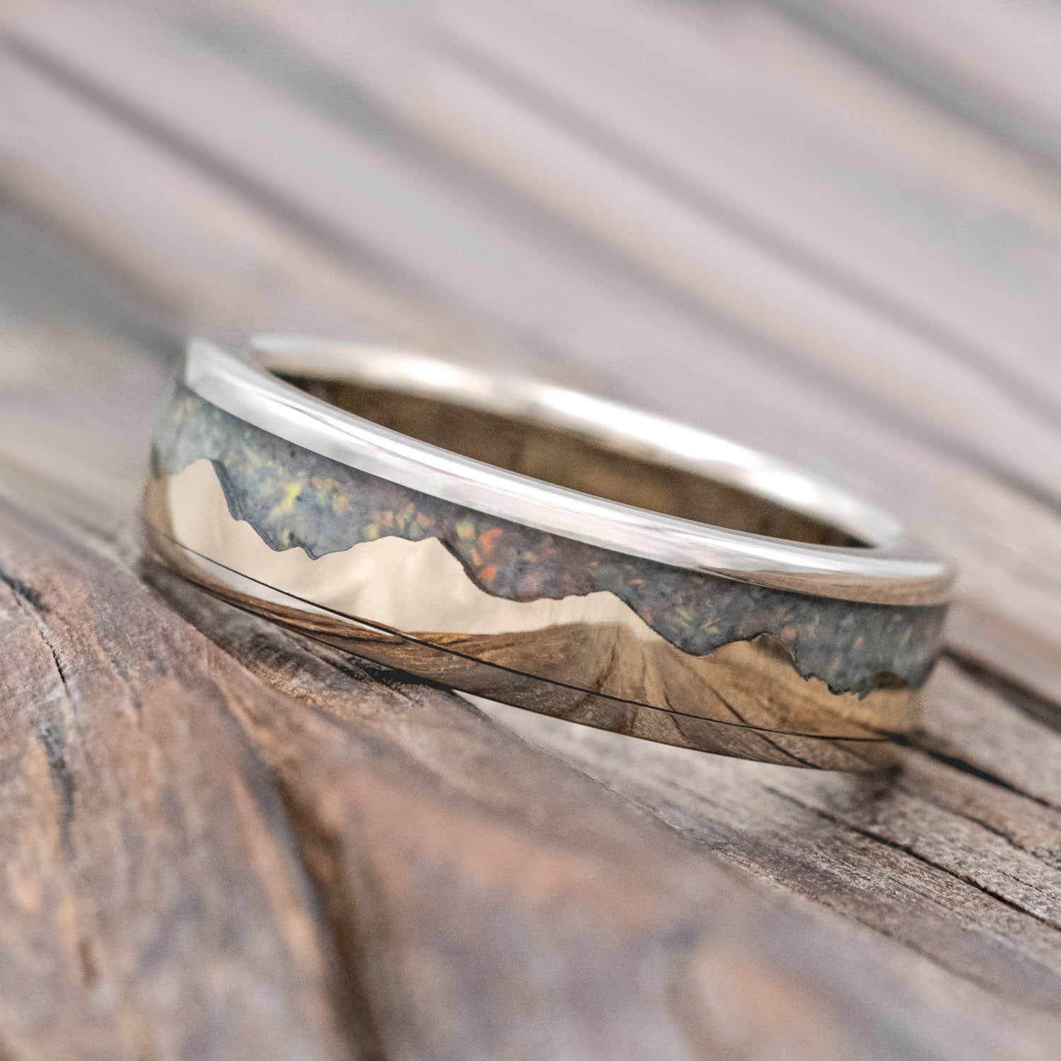 "HELIOS" - GOLD ANDES MOUNTAIN RANGE WITH FIRE AND ICE OPAL INLAY WEDDING BAND-Staghead Designs