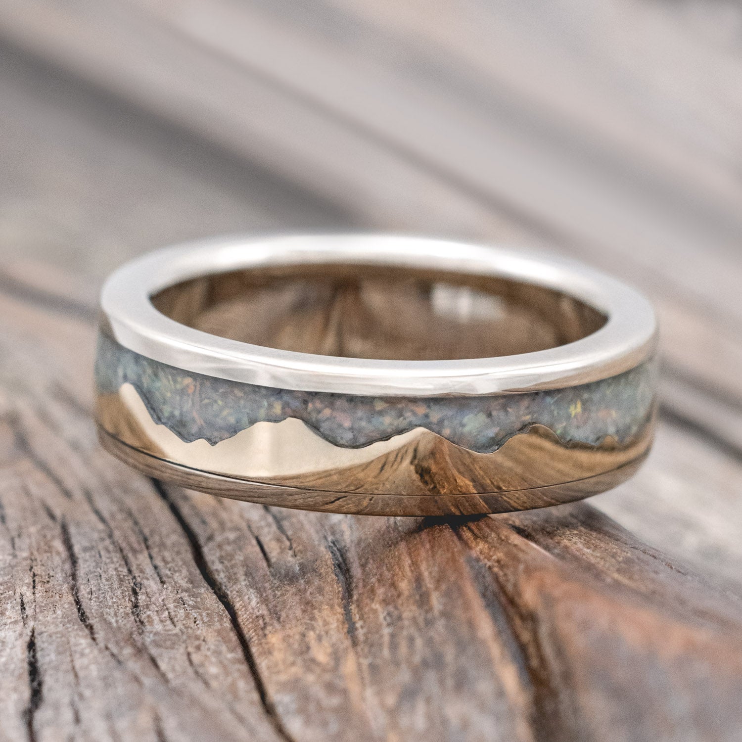 "HELIOS" - GOLD ANDES MOUNTAIN RANGE WITH FIRE AND ICE OPAL INLAY WEDDING BAND-Staghead Designs