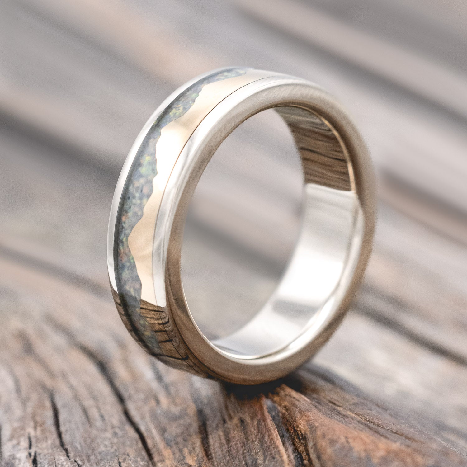"HELIOS" - GOLD ANDES MOUNTAIN RANGE WITH FIRE AND ICE OPAL INLAY WEDDING BAND-Staghead Designs