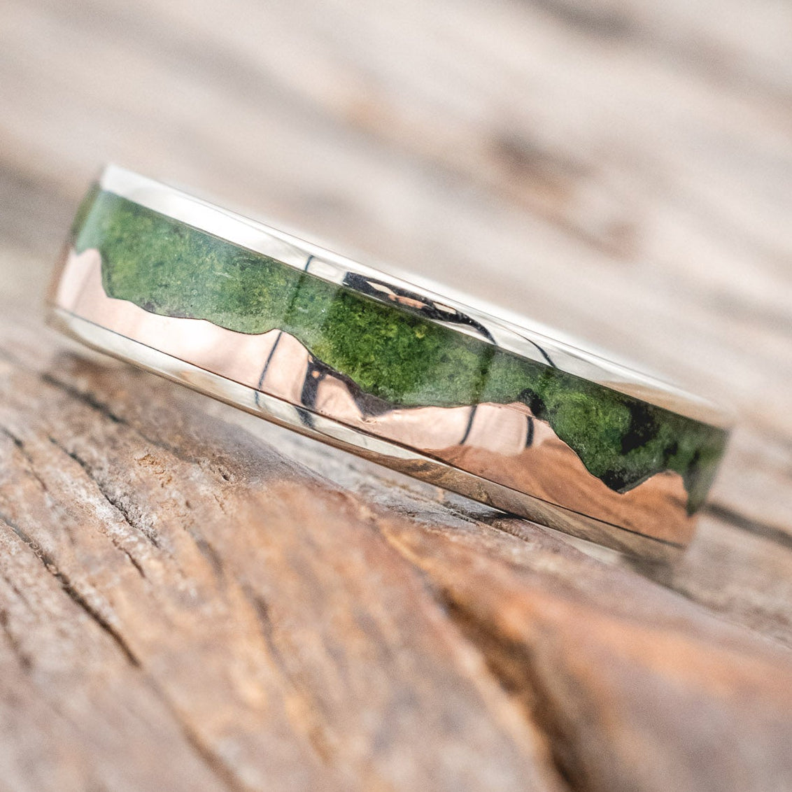 "HELIOS" - MOSS & 14K GOLD MOUNTAIN RANGE WEDDING BAND-Staghead Designs