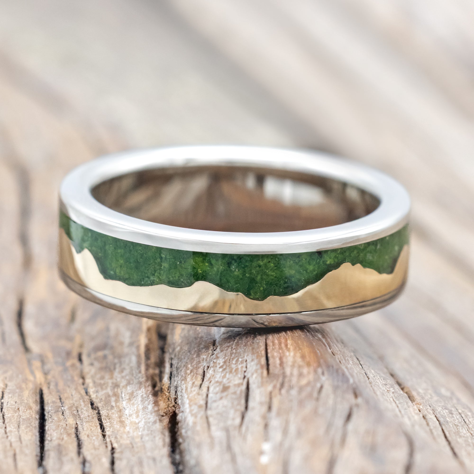 "HELIOS" - MOSS & 14K GOLD MOUNTAIN RANGE WEDDING BAND-Staghead Designs