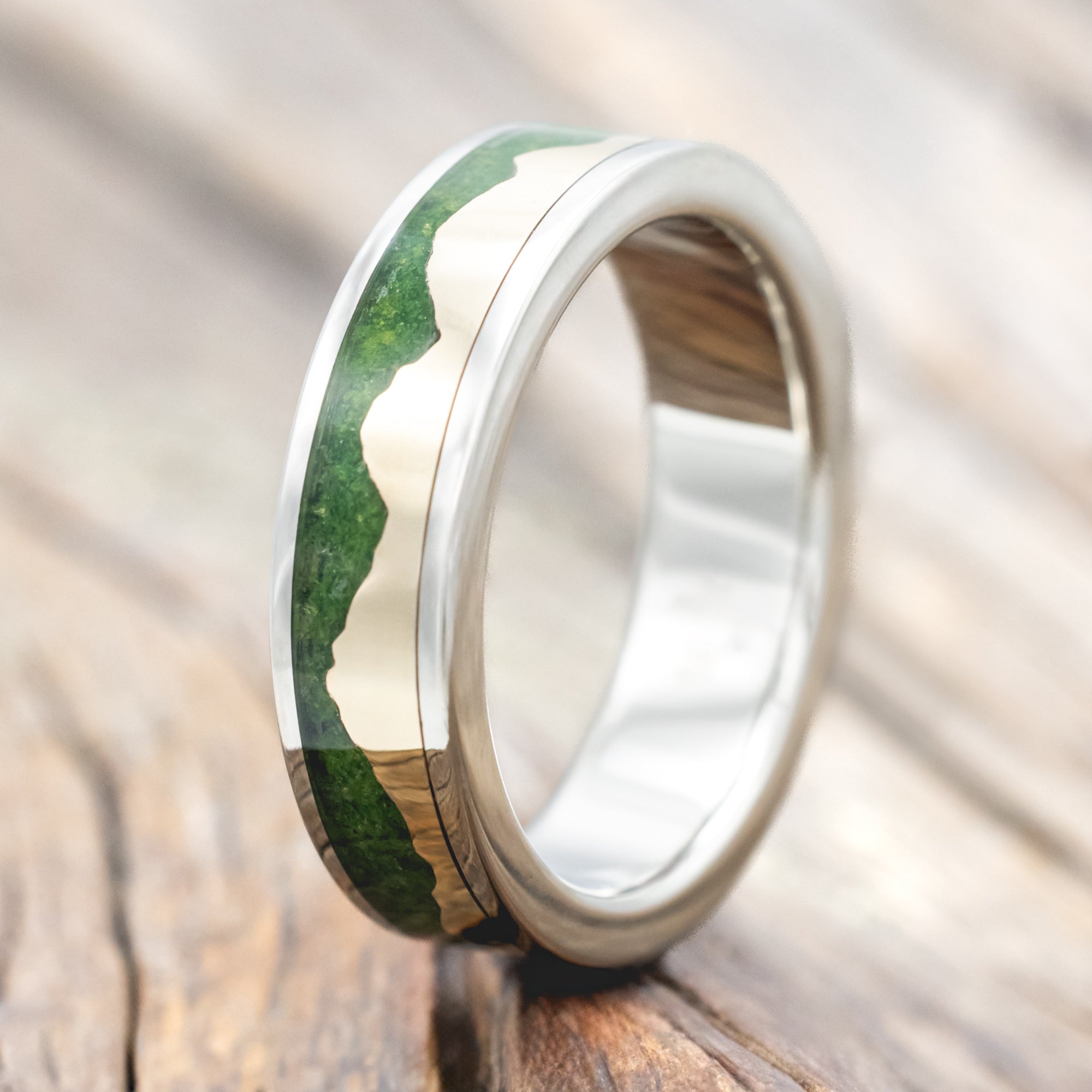 "HELIOS" - MOSS & 14K GOLD MOUNTAIN RANGE WEDDING BAND-Staghead Designs