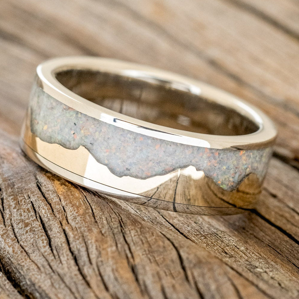 "HELIOS" - FIRE AND ICE OPAL & GOLD MOUNTAIN RANGE WEDDING RING FEATURING A 14K GOLD BAND-8