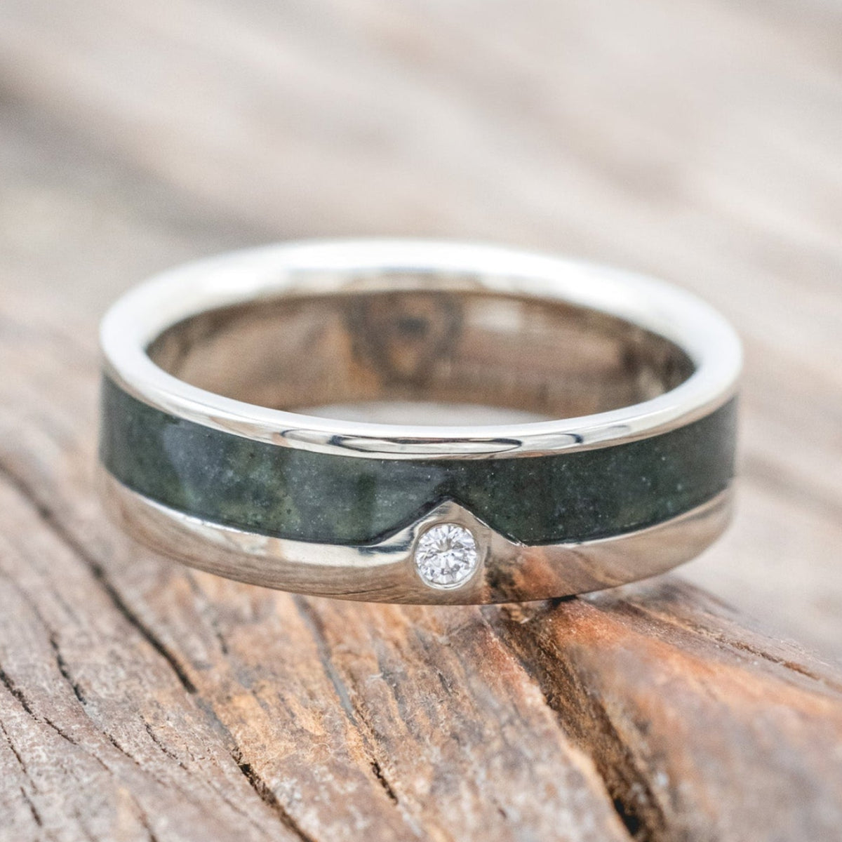 "HELIOS" - CRUSHED MOSS AGATE SINGLE PEAK MOUNTAIN RANGE WEDDING RING FEATURING A DIAMOND ACCENT-Staghead Designs