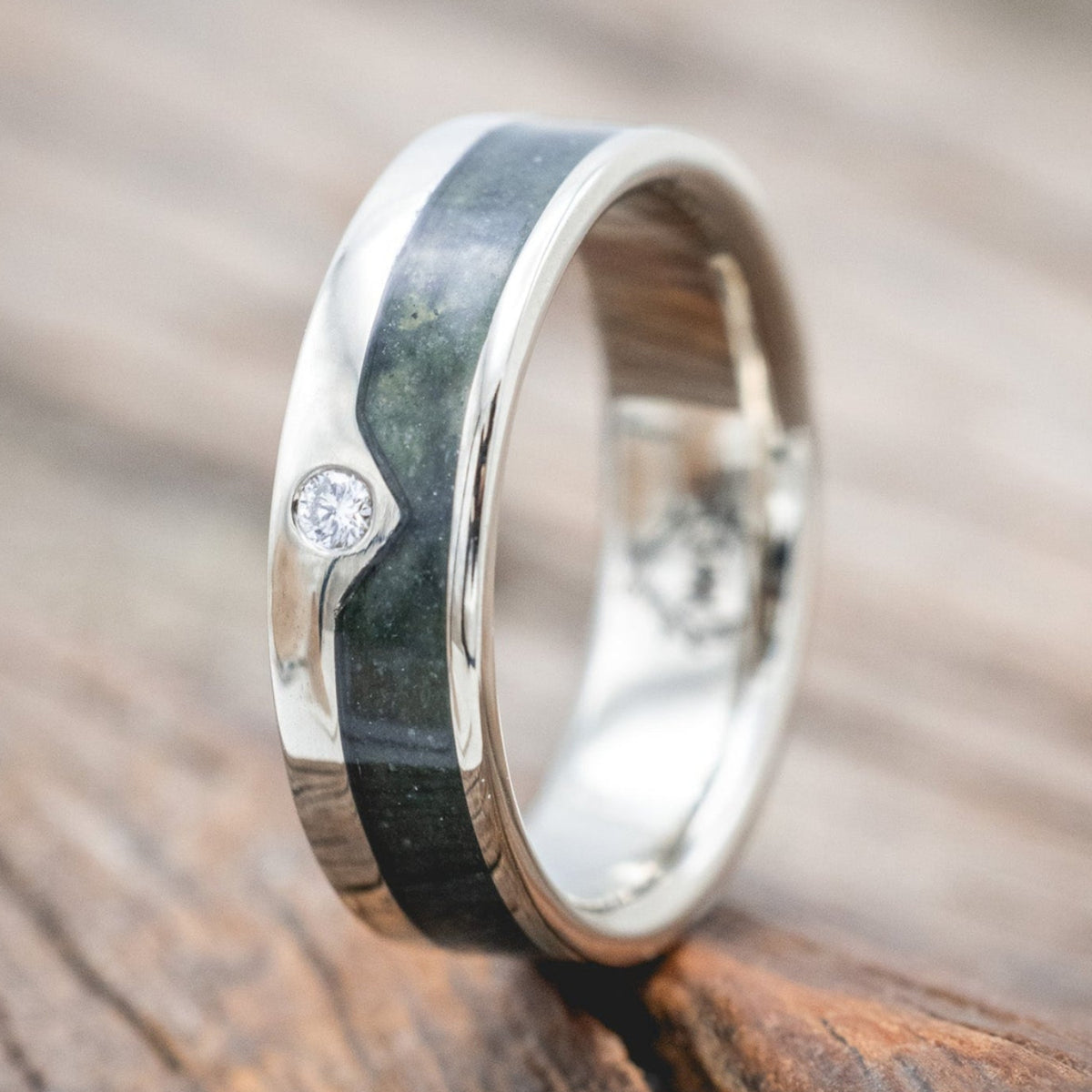 "HELIOS" - CRUSHED MOSS AGATE SINGLE PEAK MOUNTAIN RANGE WEDDING RING FEATURING A DIAMOND ACCENT-Staghead Designs