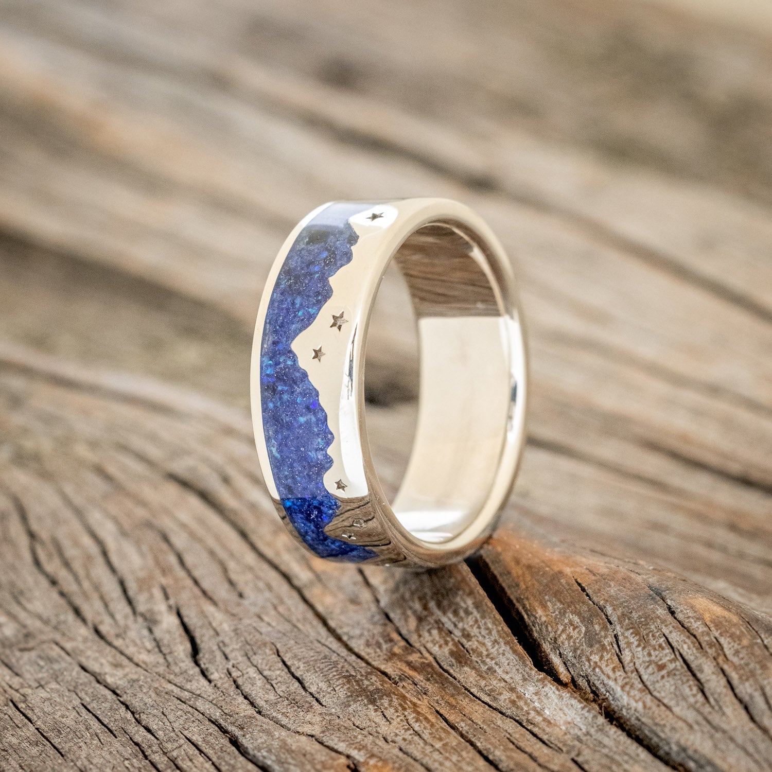 "HELIOS" - LAPIS LAZULI WITH FIRE & ICE OPAL MIX MOUNTAIN RANGE WEDDING RING WITH STAR ENGRAVINGS-Staghead Designs
