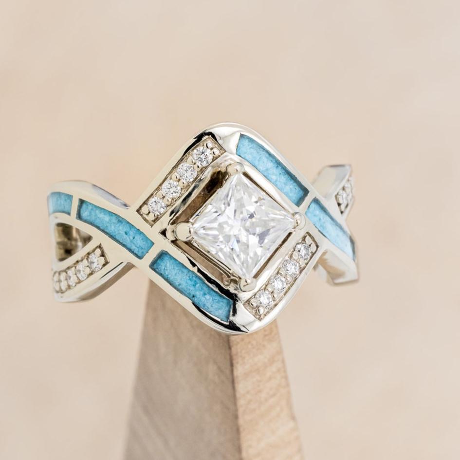 "HELIX" - PRINCESS CUT MOISSANITE ENGAGEMENT RING WITH DIAMOND ACCENTS & TURQUOISE INLAYS-13