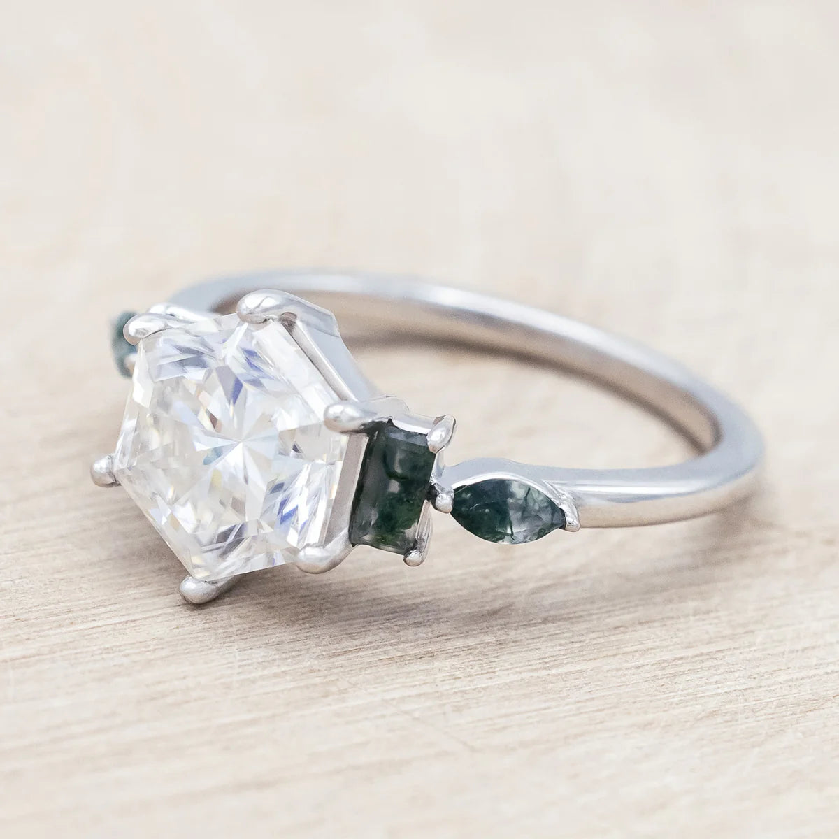 "Sitala" - Hexagon Cut Moissanite Engagement Ring With Moss Agate Accents - 14K White Gold - Size 8 1/4