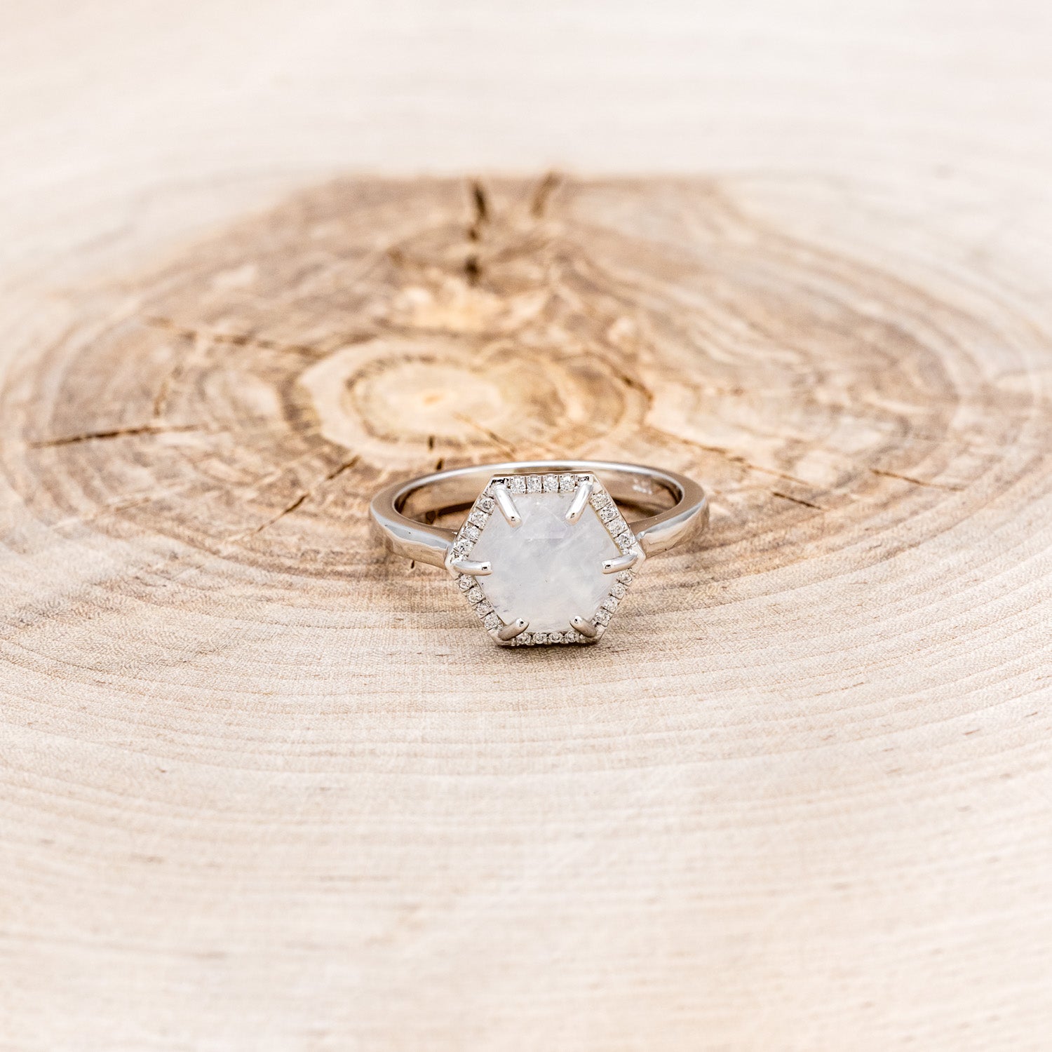 HEXAGON MOONSTONE ENGAGEMENT RING WITH DIAMOND HALO-4
