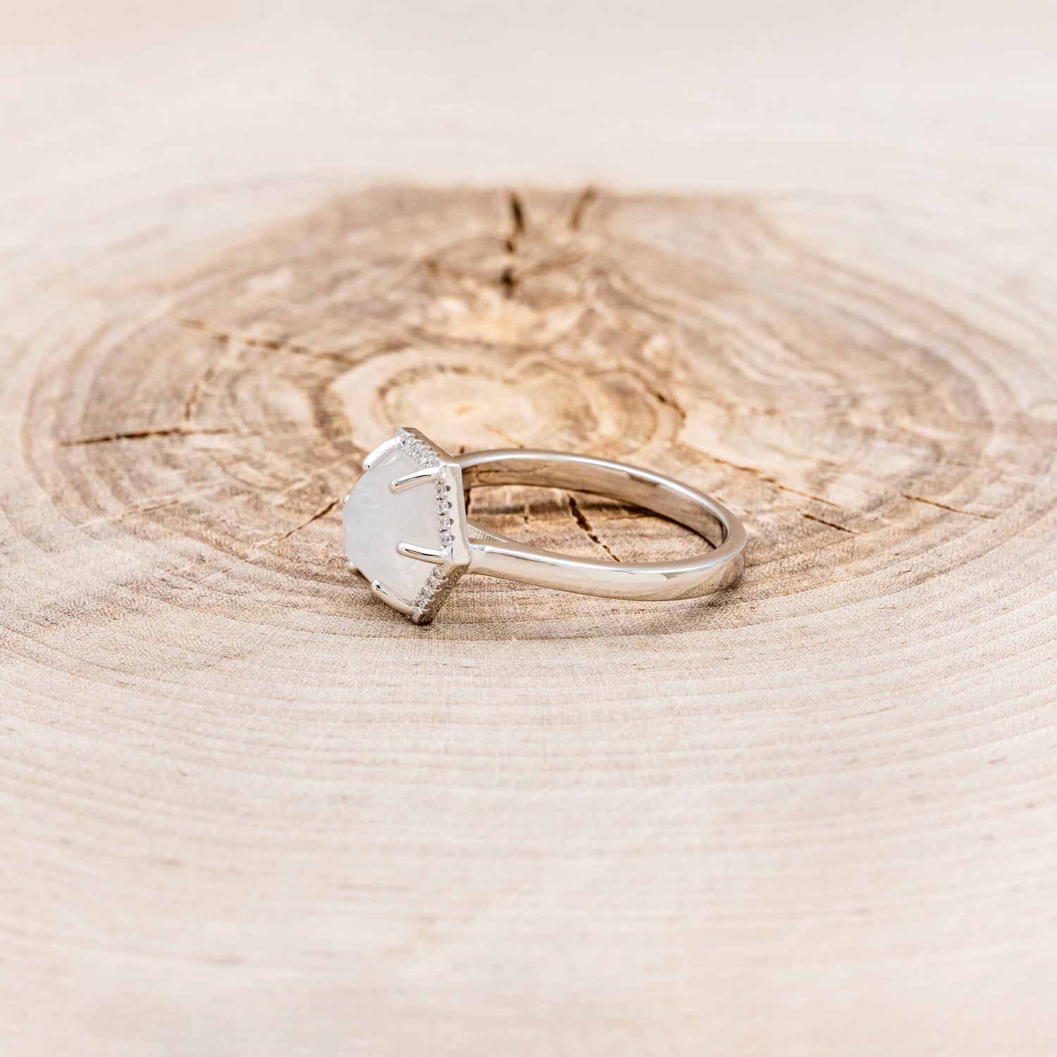 HEXAGON MOONSTONE ENGAGEMENT RING WITH DIAMOND HALO-3