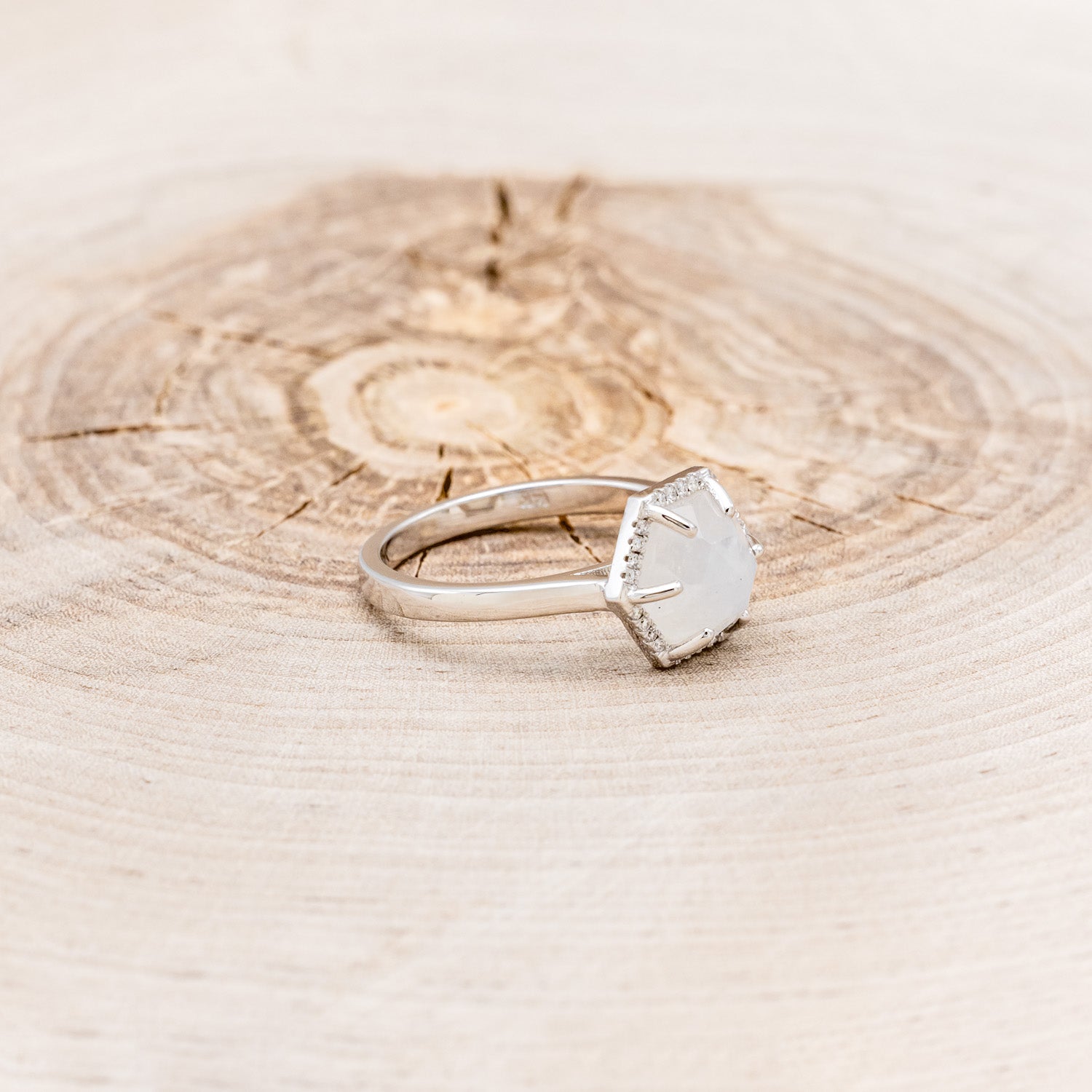 HEXAGON MOONSTONE ENGAGEMENT RING WITH DIAMOND HALO-2