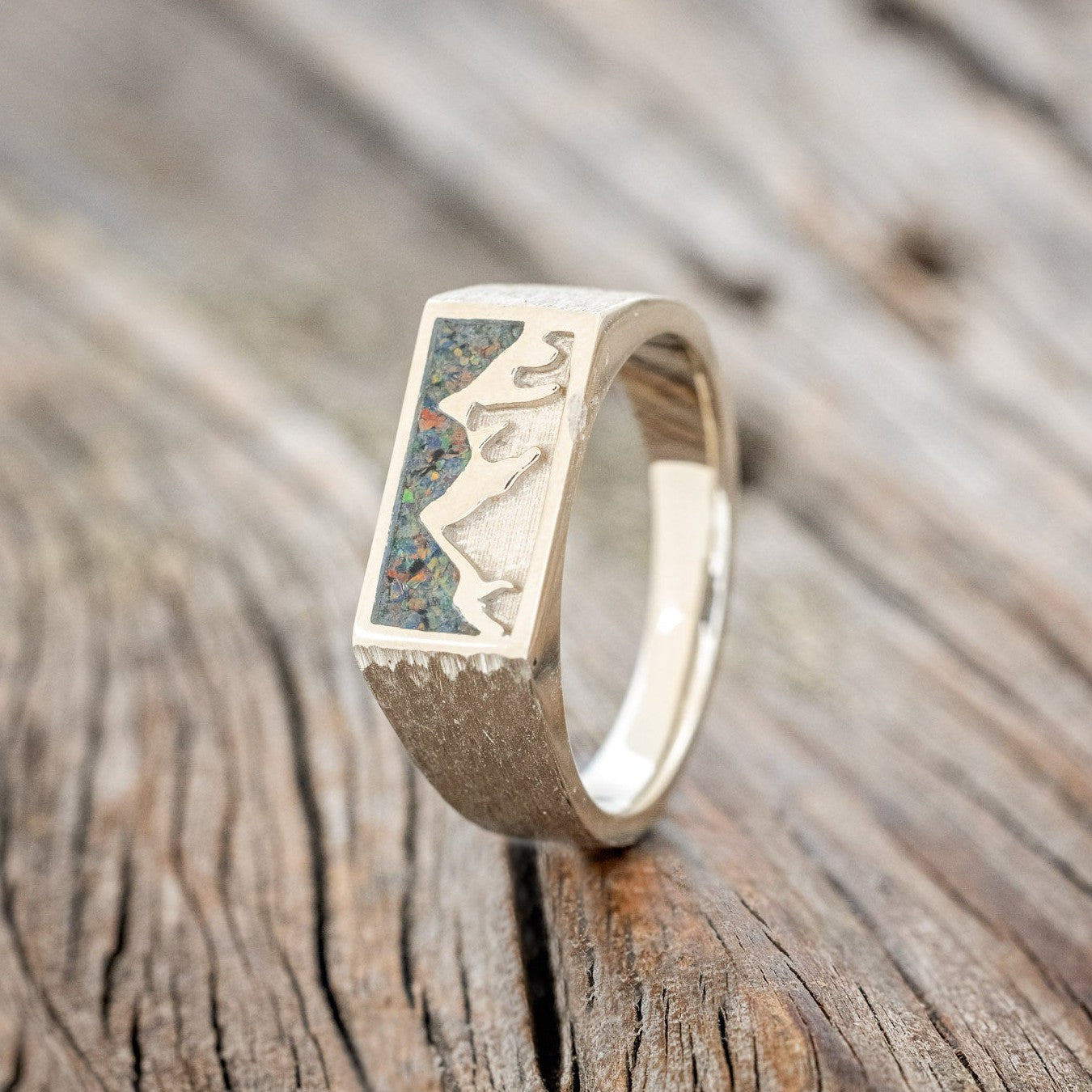 "ATLAS" - MOUNTAIN ENGRAVED HAMMERED WEDDING BAND WITH BLACK FIRE OPAL INLAY-2