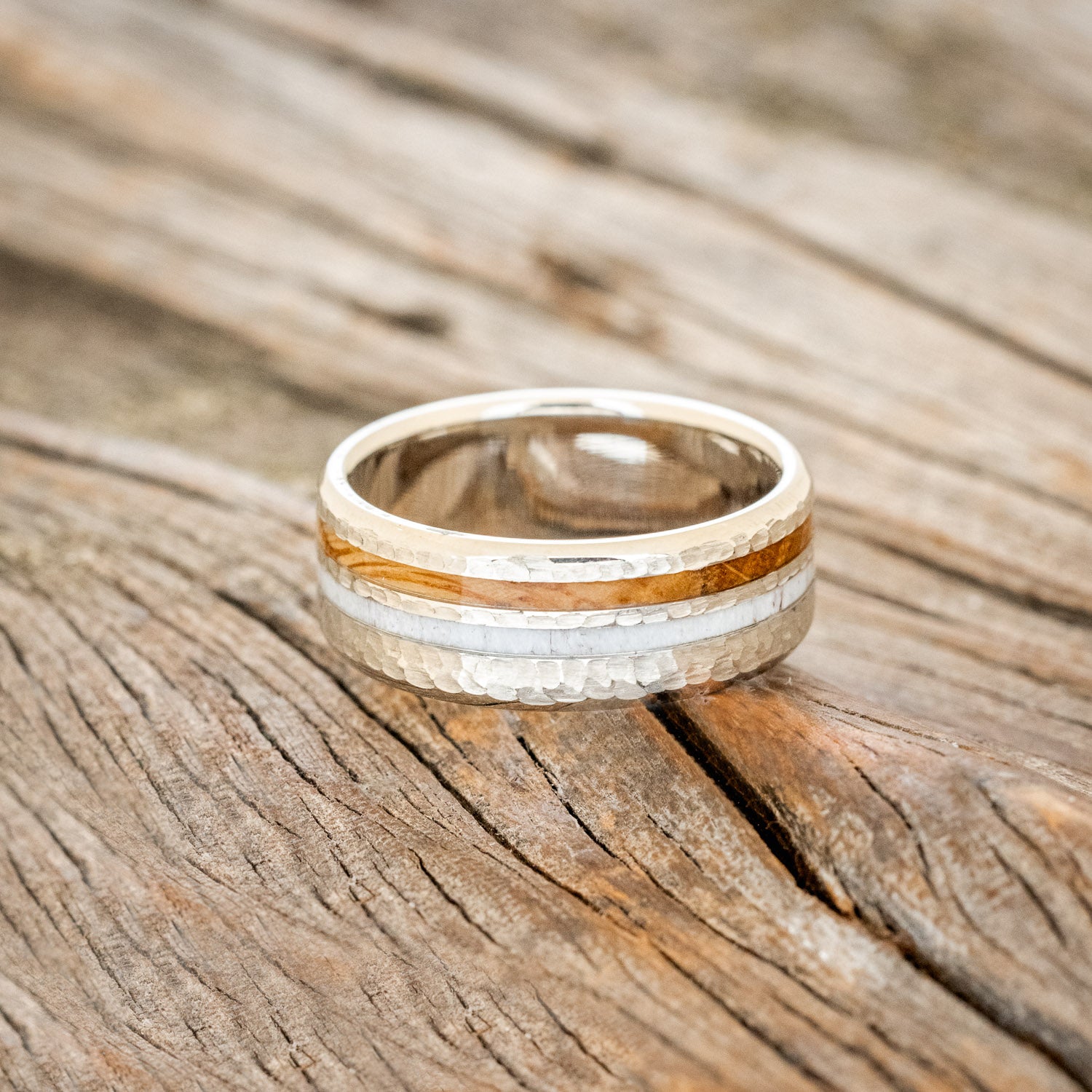 "COSMO" - WHISKEY BARREL OAK & ANTLER WEDDING BAND WITH A HAMMERED FINISH-3