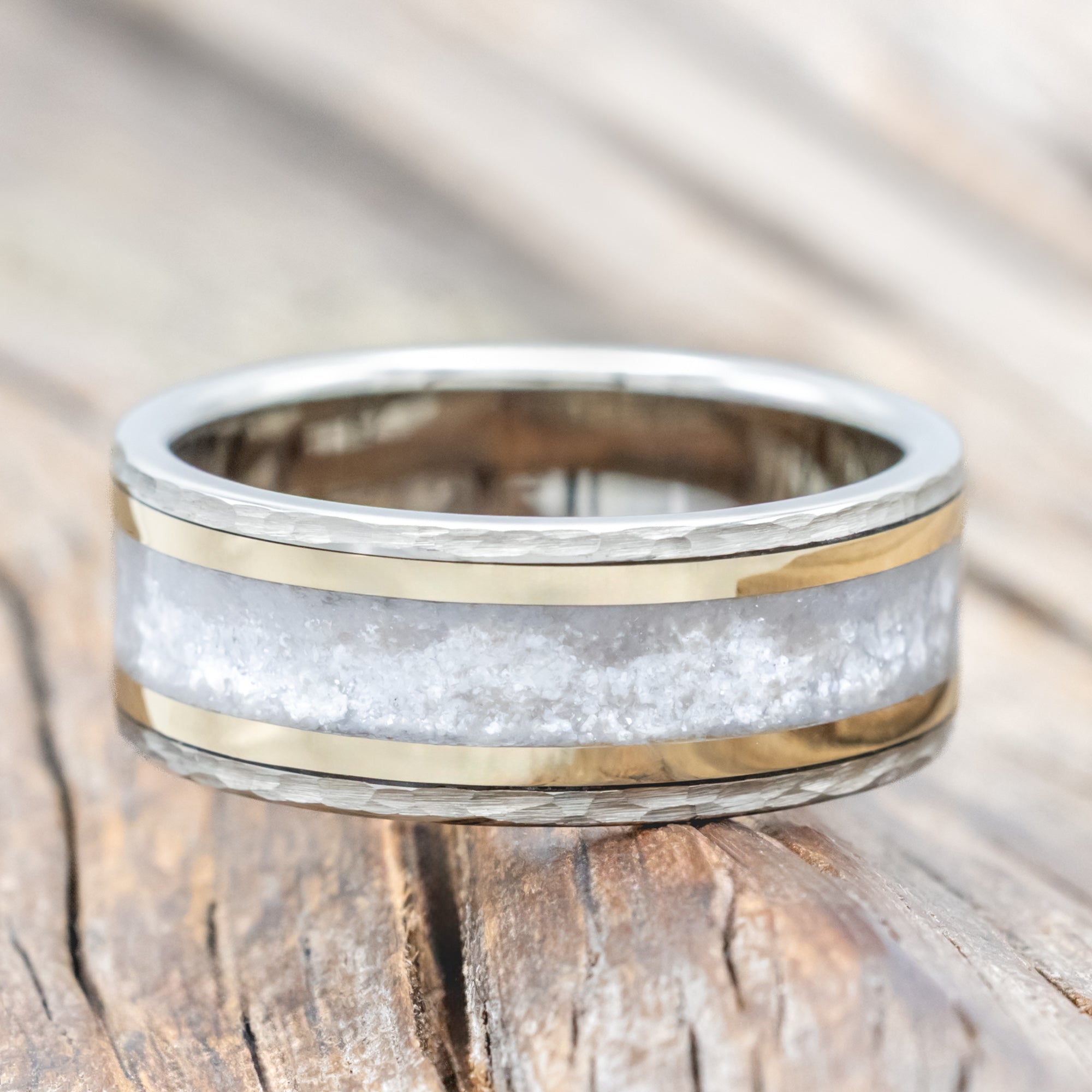 "HOLLIS" - DIAMOND DUST WEDDING RING WITH 14K GOLD INLAYS AND A HAMMERED FINISH-Staghead Designs