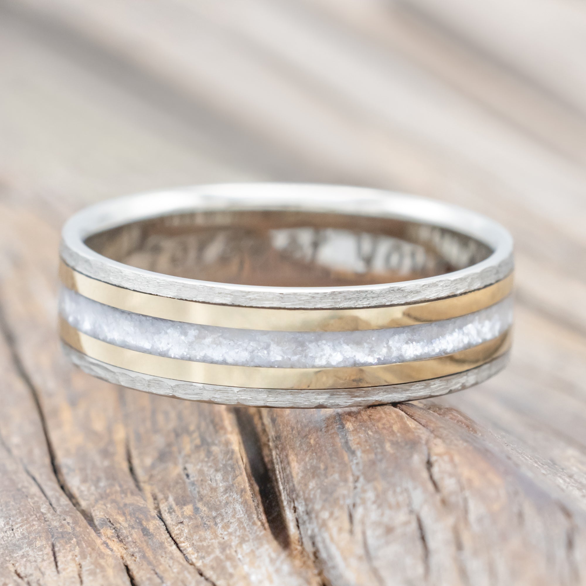 "HOLLIS" - DIAMOND DUST & 14K YELLOW GOLD INLAYS WEDDING RING WITH A HAMMERED FINISH-Staghead Designs