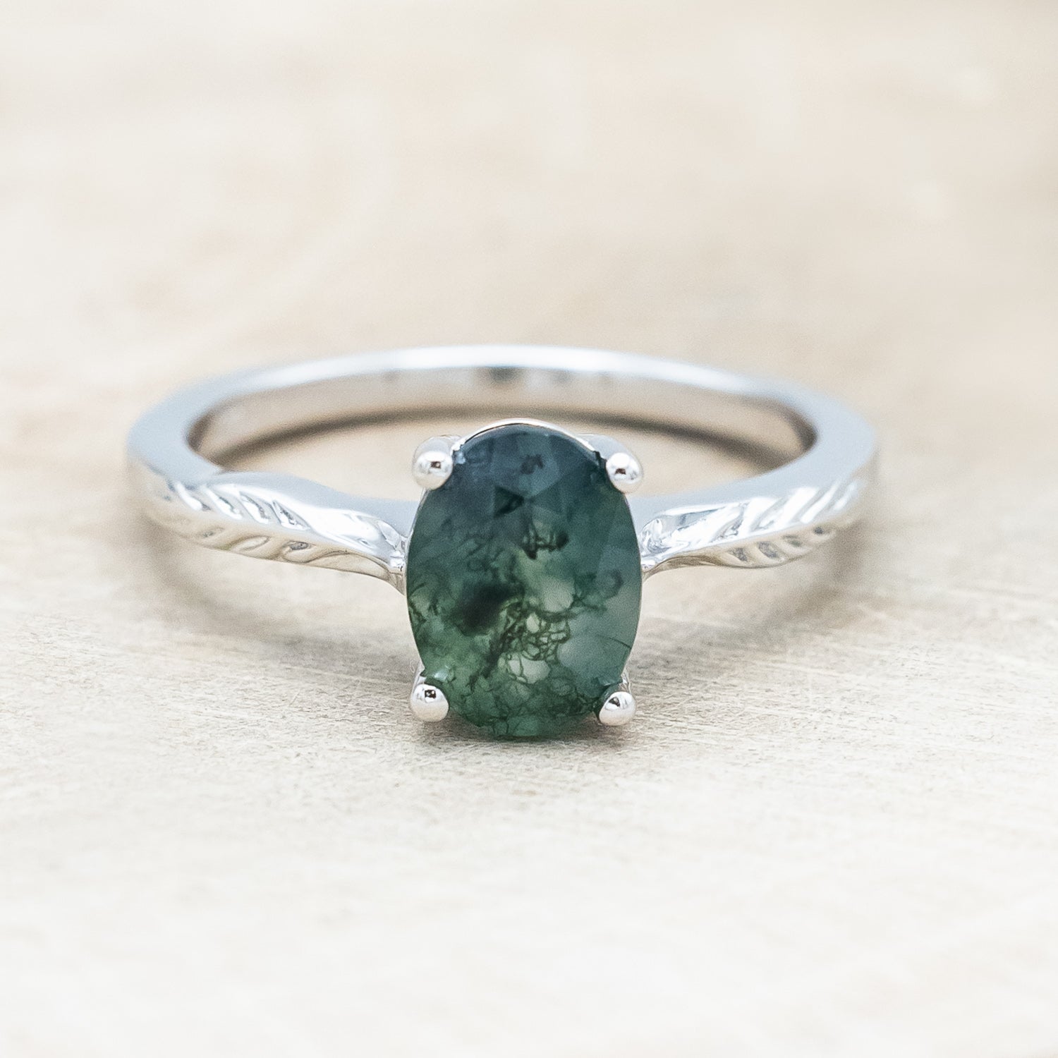 "HOPE" - OVAL CUT MOSS AGATE SOLITAIRE ENGAGEMENT RING WITH FEATHER ACCENTS-Staghead Designs
