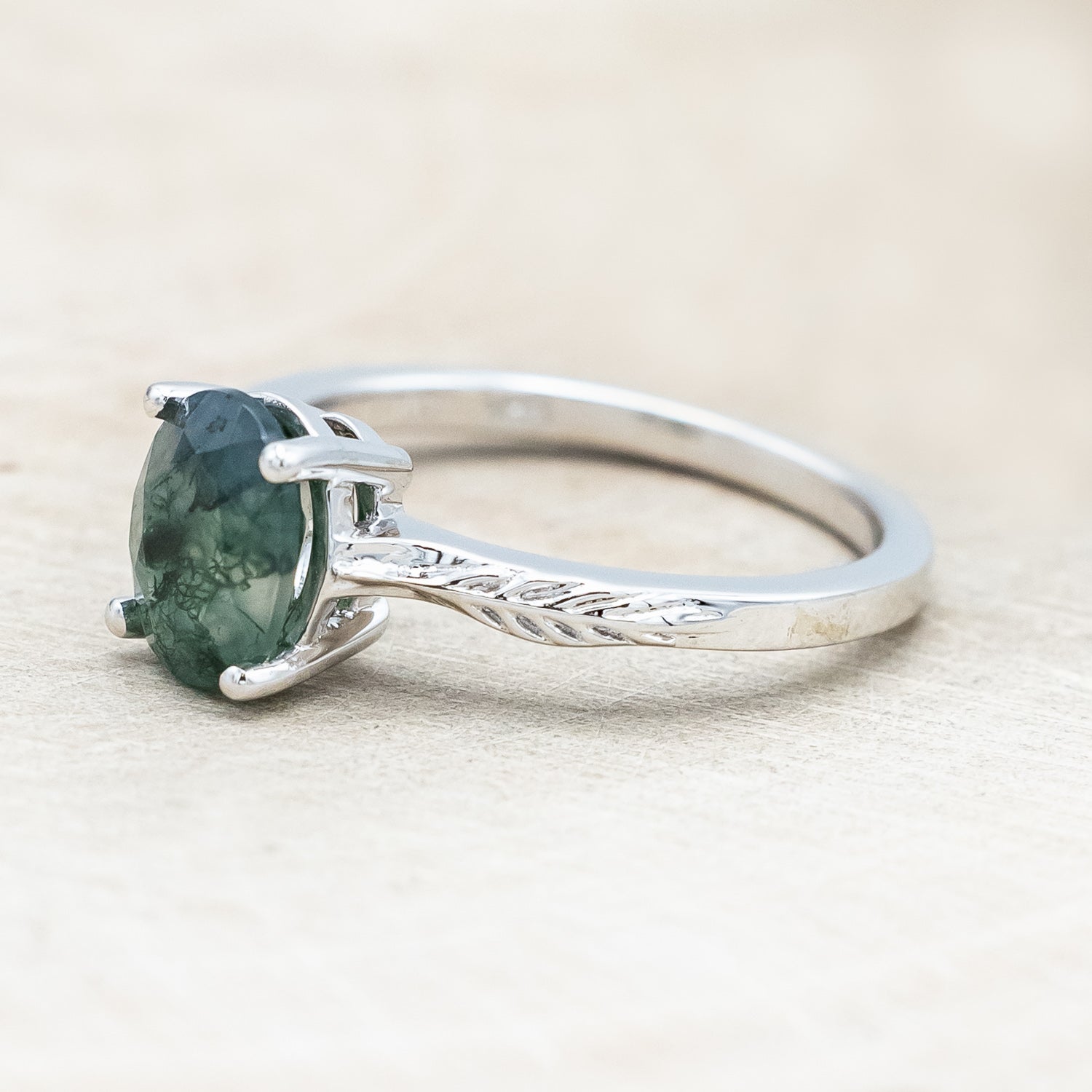 "HOPE" - OVAL CUT MOSS AGATE SOLITAIRE ENGAGEMENT RING WITH FEATHER ACCENTS-Staghead Designs