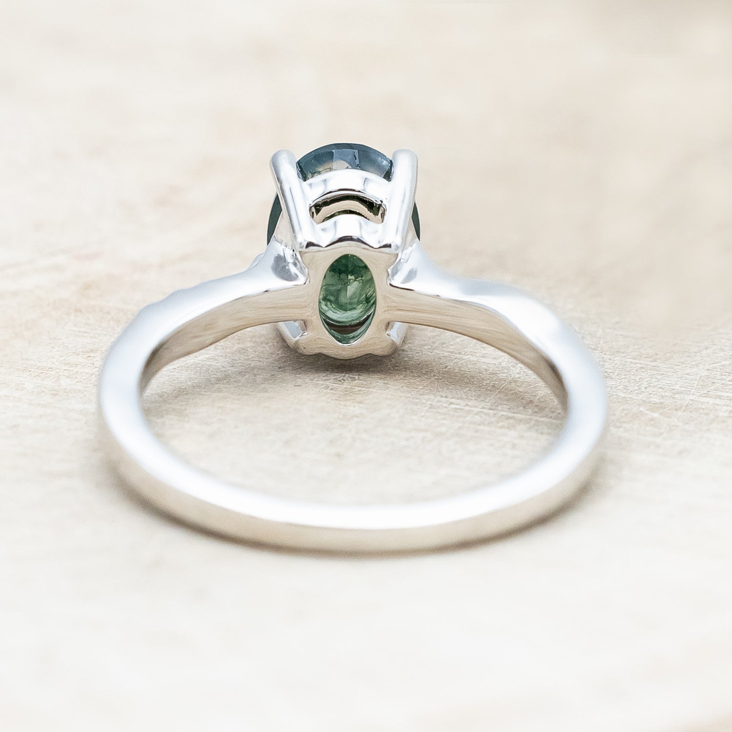 "HOPE" - OVAL CUT MOSS AGATE SOLITAIRE ENGAGEMENT RING WITH FEATHER ACCENTS-Staghead Designs