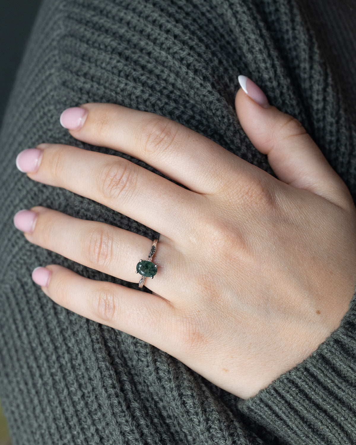 "HOPE" - OVAL CUT MOSS AGATE SOLITAIRE ENGAGEMENT RING WITH FEATHER ACCENTS-Staghead Designs